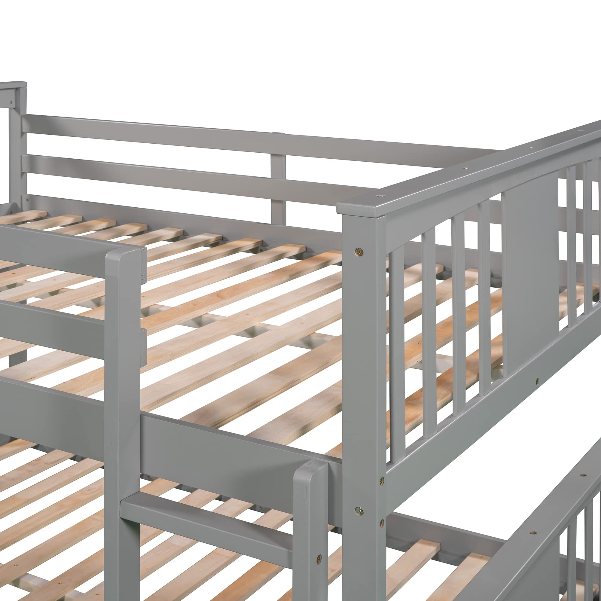 Harper & Bright Designs Wooden Full Over Full Low Bunk Bed with Ladder - Sturdy Floor Bunk Bed Frame for Kids & Toddlers, No Box Spring Needed, Slat Support Included (Grey) - Perfect for Small Bedrooms, Guest Rooms & Space-Saving Kids' Rooms