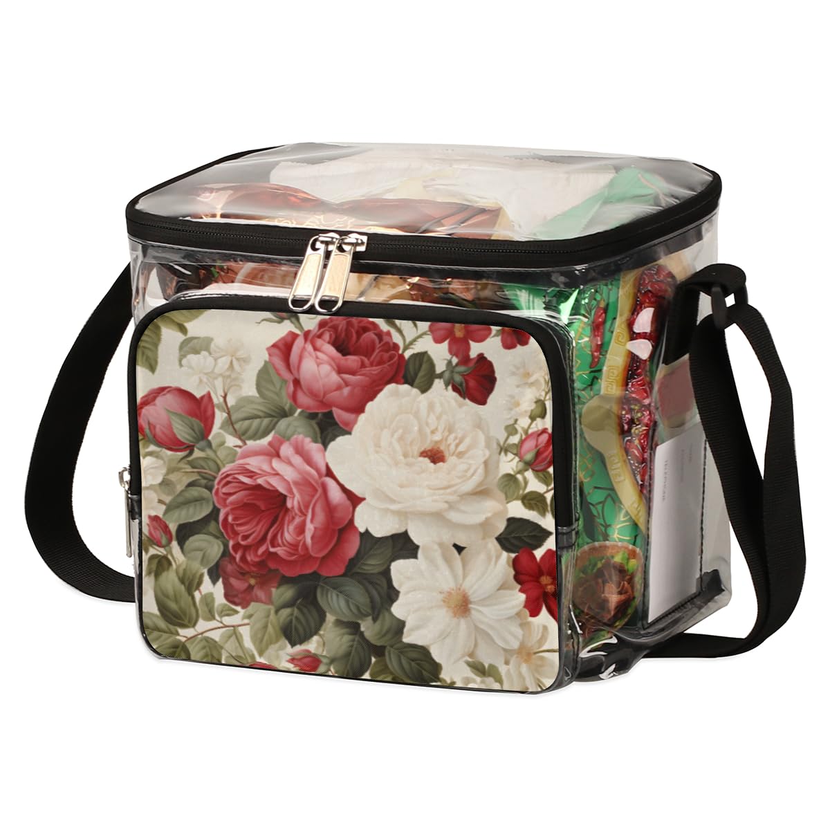GzLeyigou Clear Transparent Tote Bag with Red White Roses Print - Crossbody Shoulder Bag for Women, Lunch Bag for Outdoor, Travel, Picnic, Concerts & Sports Events (Stadium Approved) - Perfect for Beach, Shopping, Gym & Daily Use