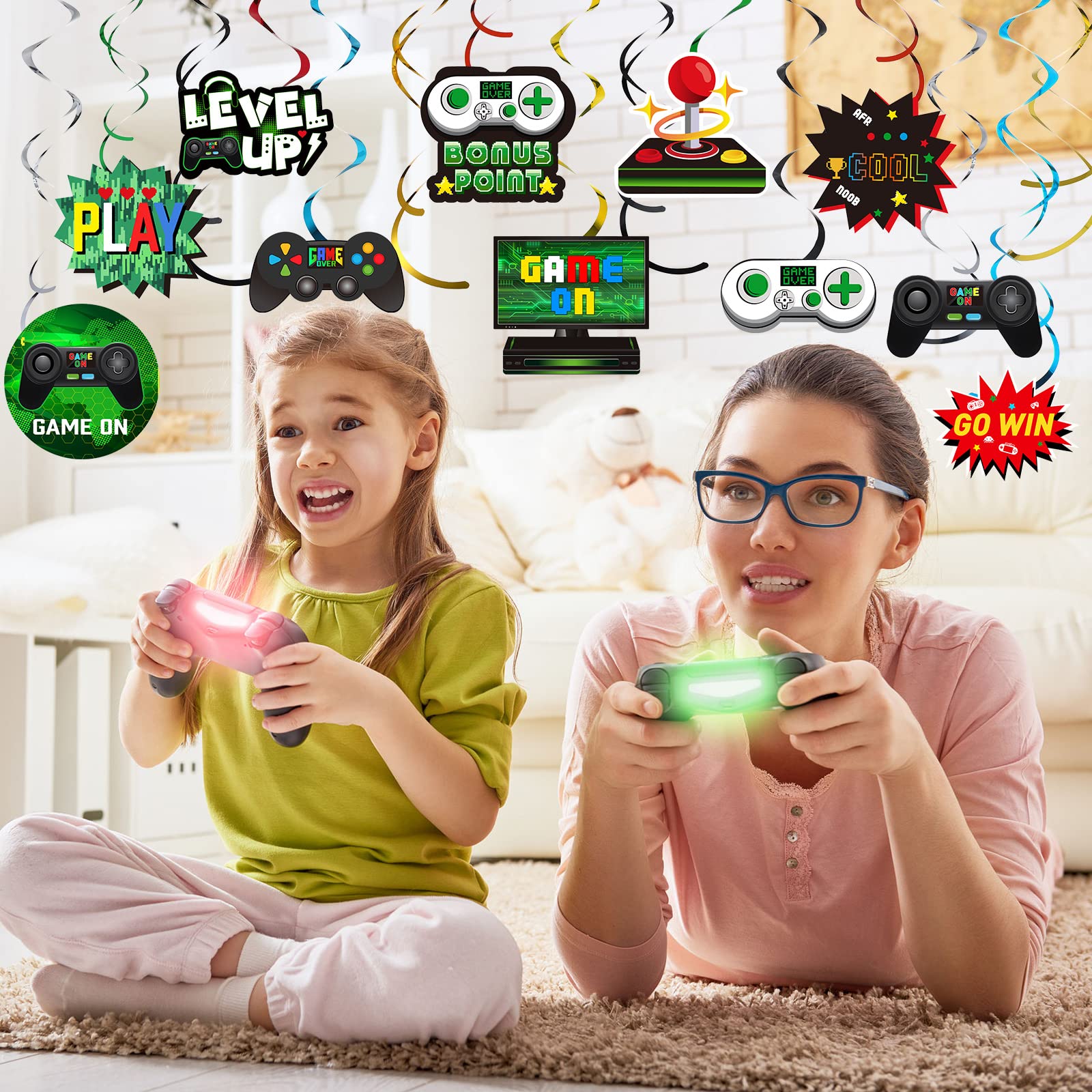 Sumind 51-Piece Green Video Game Hanging Swirl Decorations - Foil Ceiling Streamers for Gamer Birthday Party, Game Theme Decorations - Perfect for Gamer Parties, Gaming Room Decor & Esports Events