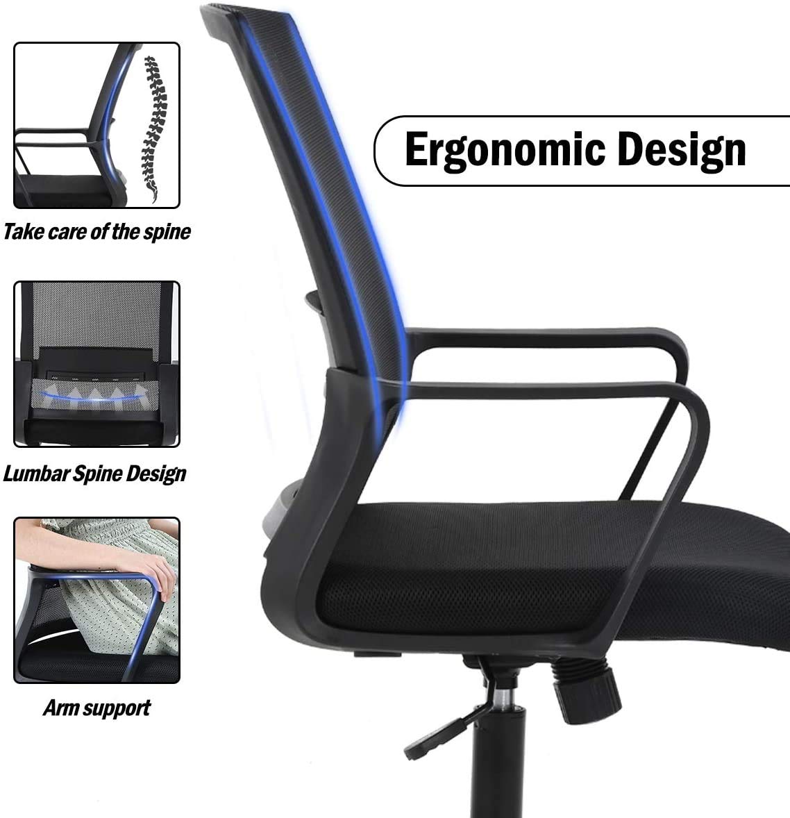 Ergonomic Office Chair - Adjustable Height Mesh Computer Desk Chair with Lumbar Support & Armrests - Modern Swivel Task Chair for Women & Men - Perfect for Home Office, Gaming & Workspaces - Black