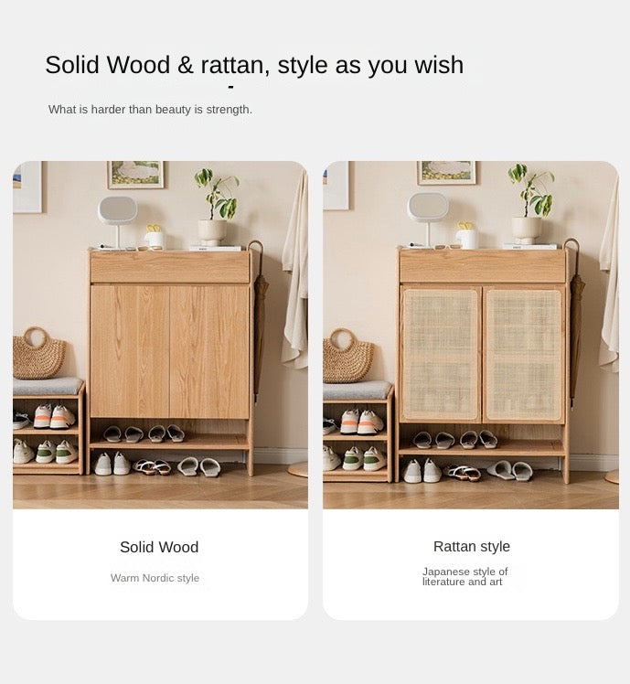 Solid Oak Wood Shoe Storage Cabinet - Modern Nordic Style with Rock Slab Design - Perfect for Entryway, Bedroom, or Closet Organization