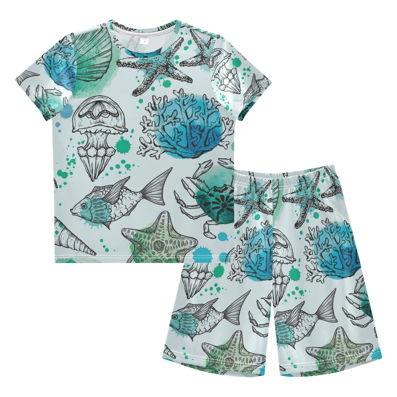 Boys' Summer Outfits - Sea Shell Fish Coral Jellyfish Print Short Sets | Playwear for Kids & Toddlers | Beach Vacation, Pool Party, Outdoor Activities