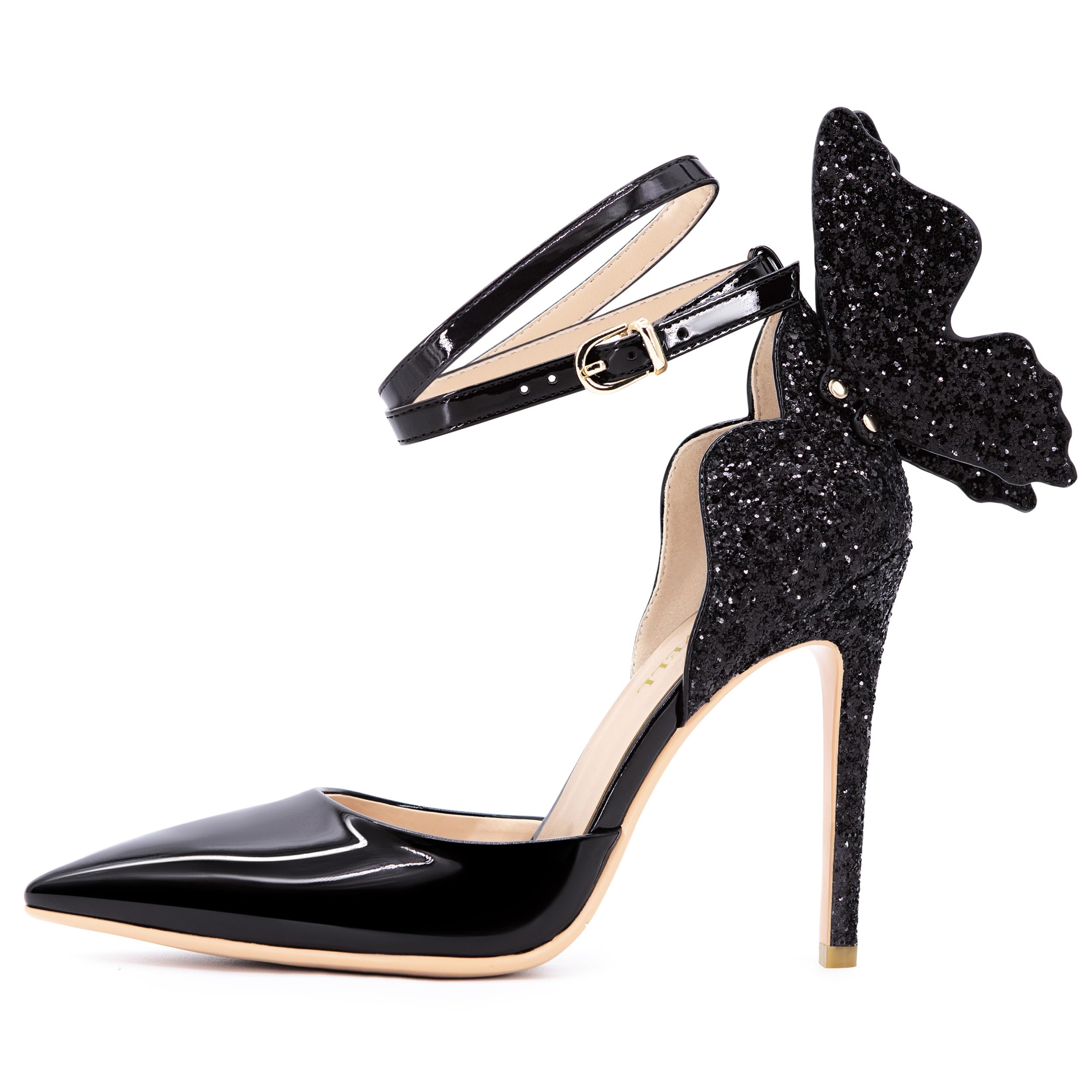 Elegant Gold High Heel Pumps with Butterfly Back & Sparkly Ankle Strap - Sexy Stiletto Closed Toe Dress Shoes for Women | Perfect for Parties, Weddings & Evening Events
