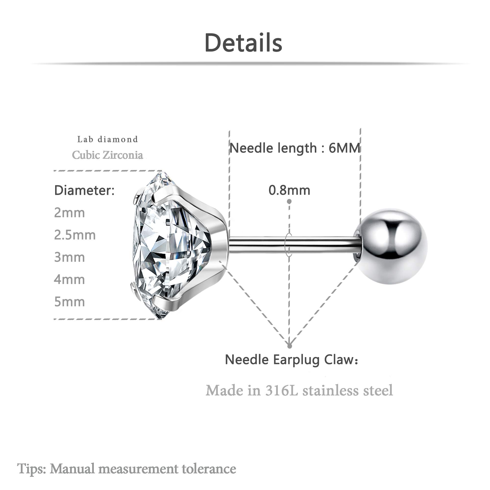 5 Pairs Stainless Steel Cubic Zirconia Stud Earrings Set for Women & Men - Tiny Lab Diamond Helix Cartilage Ear Studs - Perfect for Daily Wear, Gifts & Special Occasions