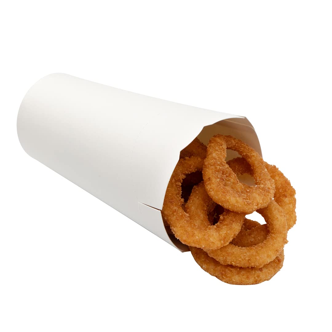 Restaurantware Bio Tek 20oz Disposable French Fry Cups - 100 Pack White Paper Containers with Fold-Down Cover & Lock Tab | Eco-Friendly Fast Food Holders for Fries, Onion Rings, Chips & Popcorn | Perfect for Movie Nights, Parties & Food Truck Service