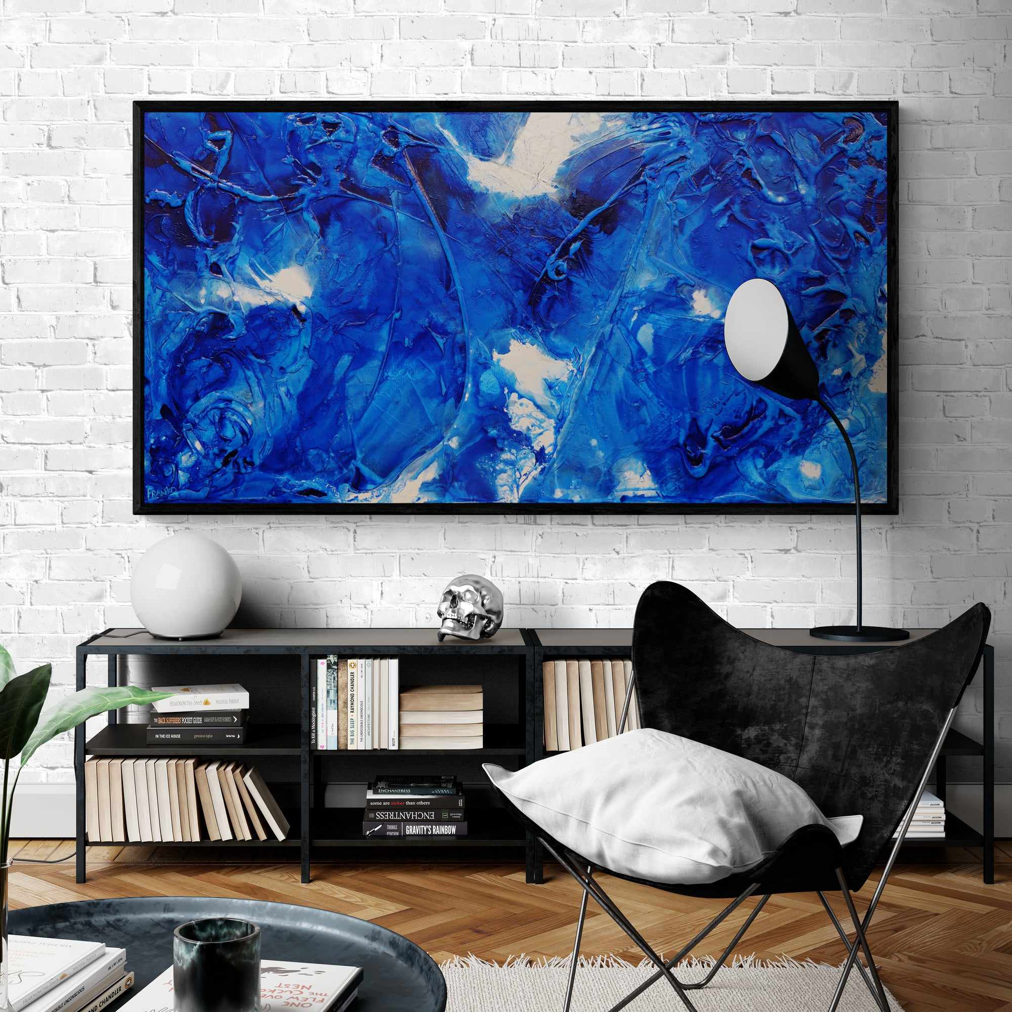 Blue Ink Textured Abstract Painting - 190cm x 100cm Sapphire Wash Canvas Wall Art for Living Room, Bedroom & Office Decor | Modern Large Artwork