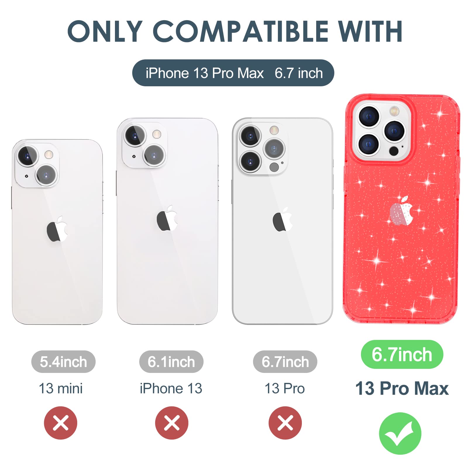 Hython Glitter Case for iPhone 13 Pro Max - Sparkly Clear Bling Shockproof Protective Cover | Anti-Scratch Hard PC Slim Fit Phone Case for Women & Girls (Red Glitter) | Perfect for Everyday Use, Parties & Gifts