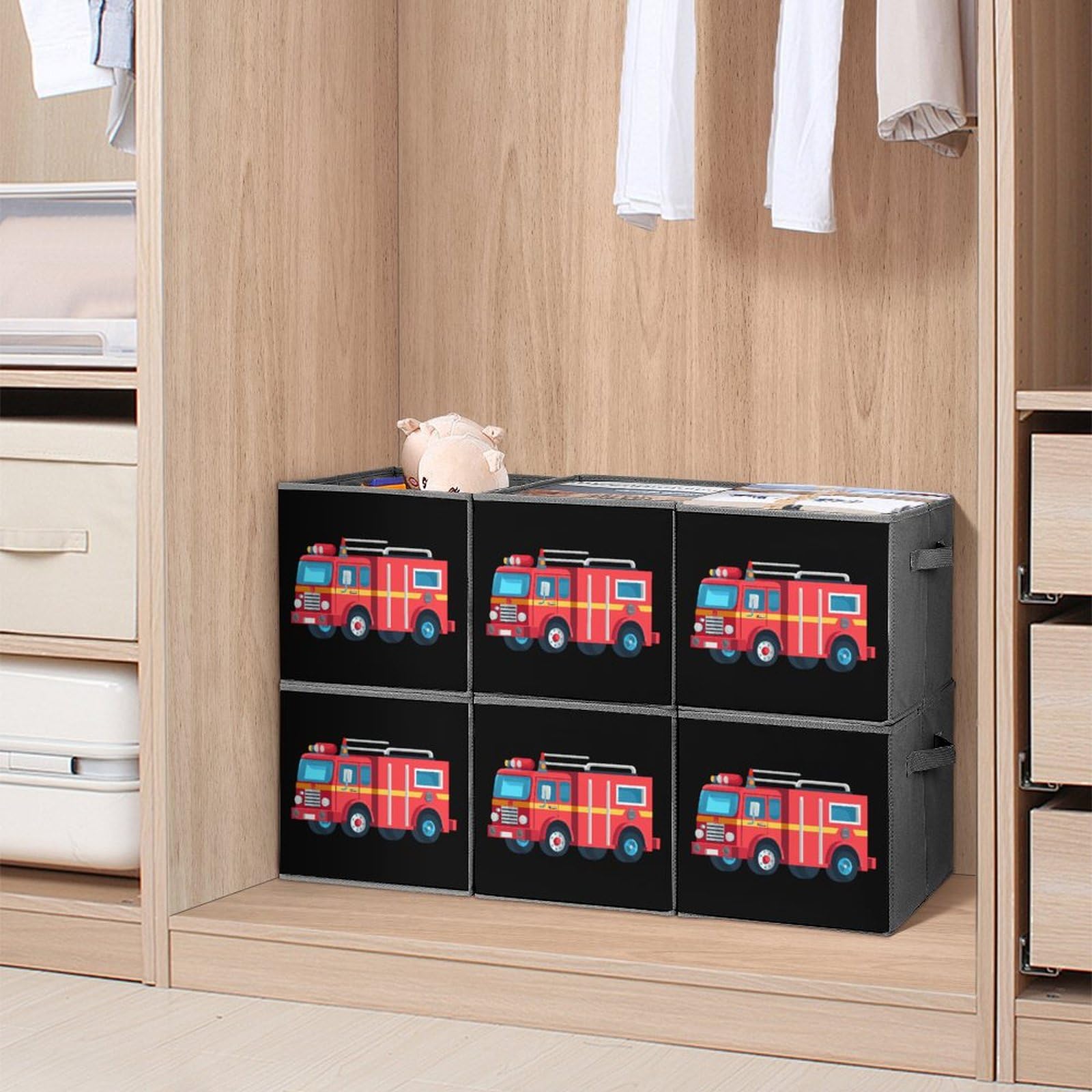 Foldable Fire Truck Storage Cubes - 6PCS Organizers with Handles for Kids' Room & Playroom