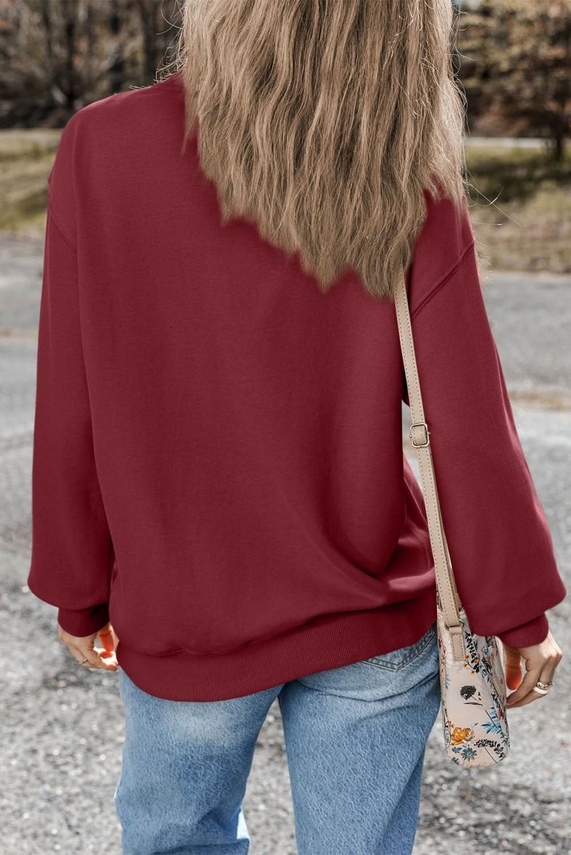 Burgundy Plain Drop Shoulder Crewneck Pullover Sweatshirt for Women - Casual Loose Fit Long Sleeve Sweater for Fall Winter Fashion, Lounge, Travel & Everyday Wear