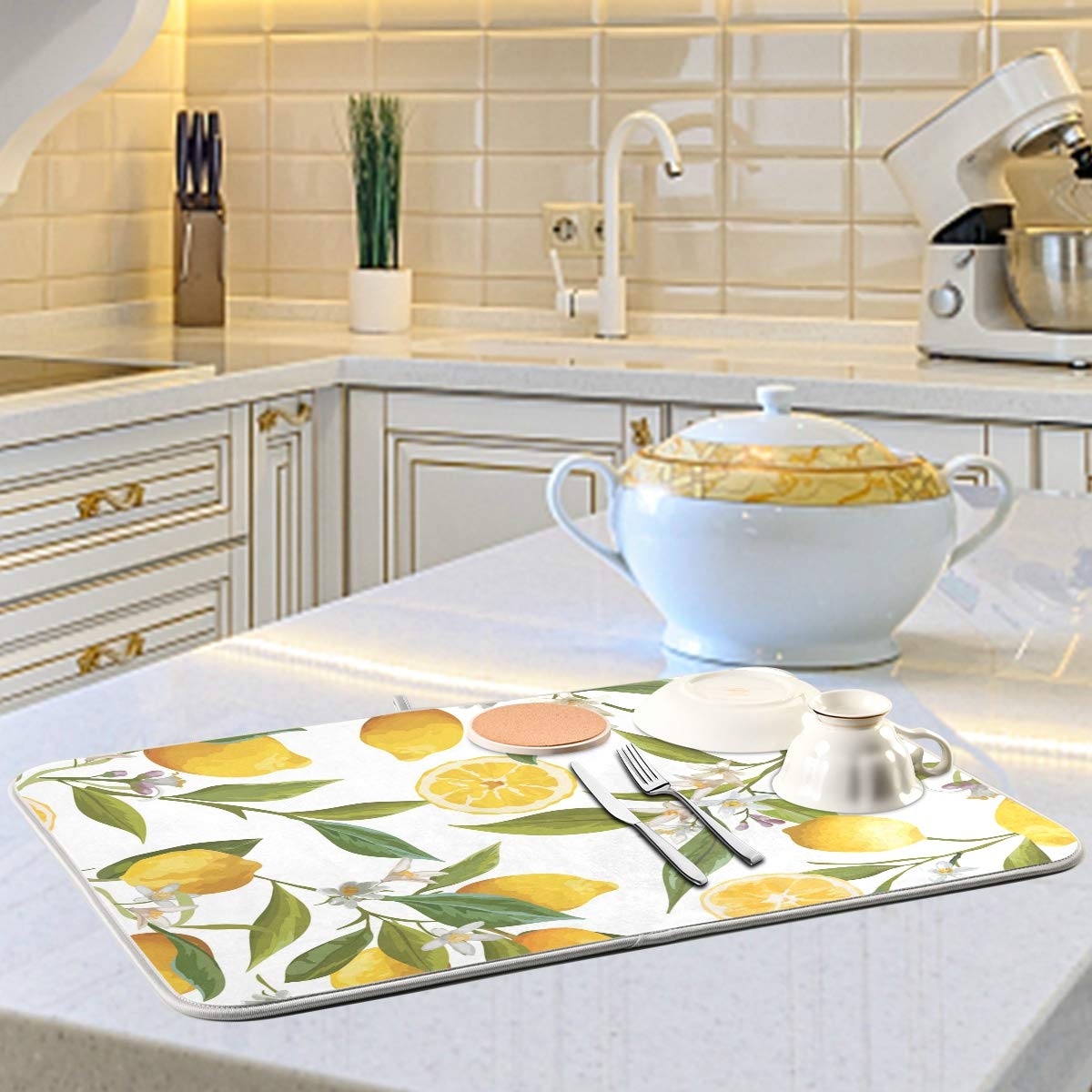 Lemon Tree Pattern Kitchen Dish Drying Mat - Heat Resistant, Non-Slip Countertop Drainer Mat (18