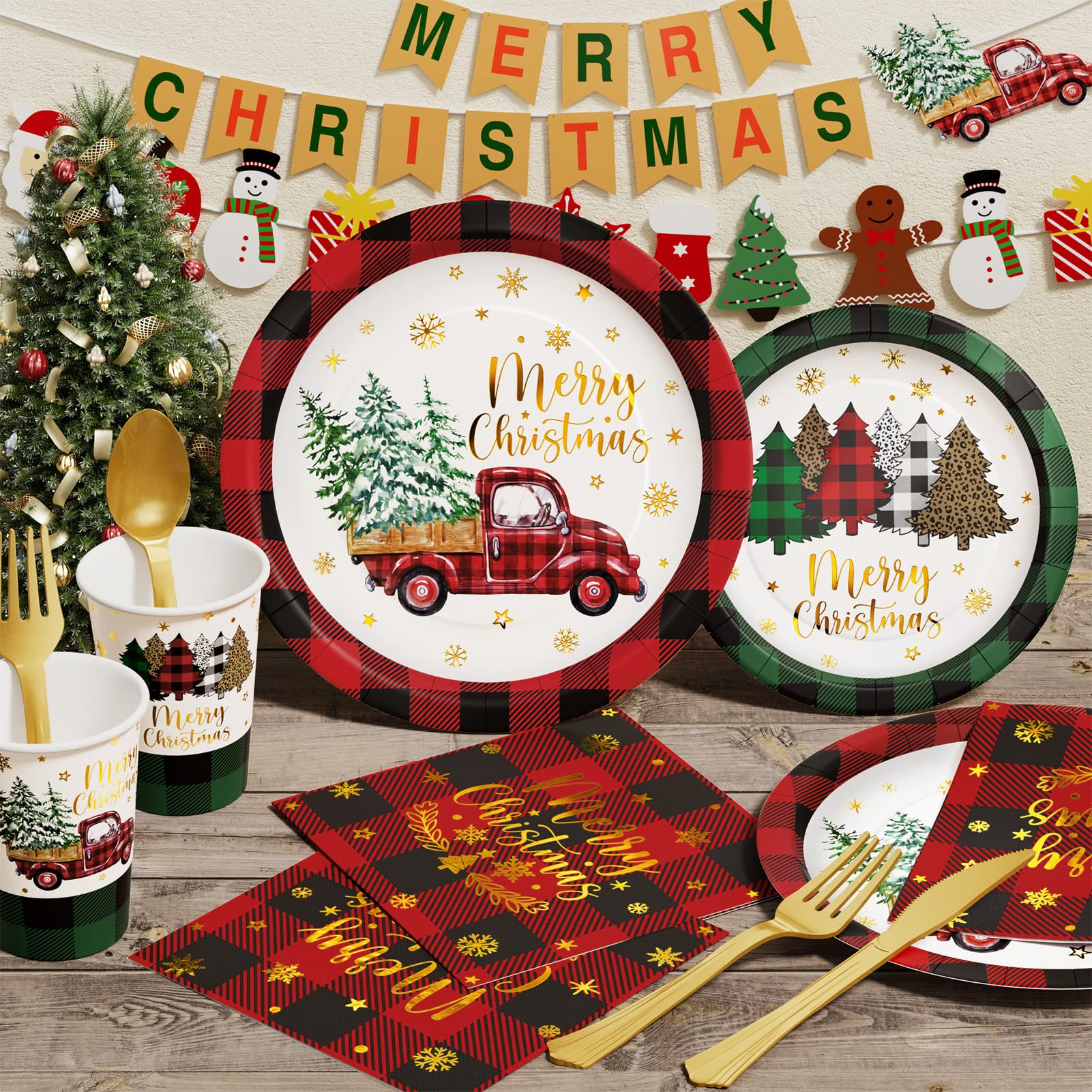350-Piece Christmas Party Disposable Dinnerware Set - Buffalo Plaid Paper Plates, Napkins, Cups & Plastic Cutlery (Forks, Knives, Spoons) for 50 Guests | Holiday Tableware for Xmas Decorations, Birthday Parties & Festive Gatherings