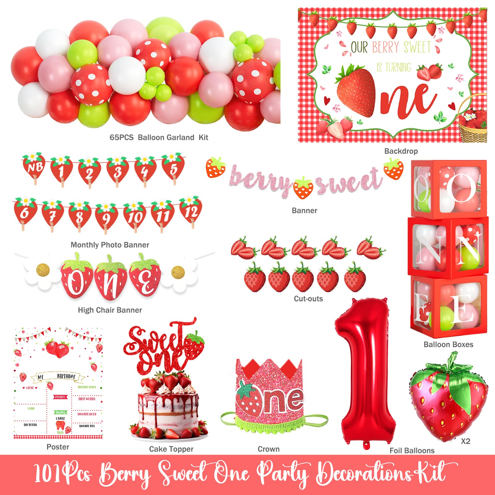 Sweet Strawberry First Birthday Party Decorations for Girls - Berry Themed 1st Birthday Party Supplies for One Year Old - Perfect for Baby's First Birthday, Photoshoots & Celebrations
