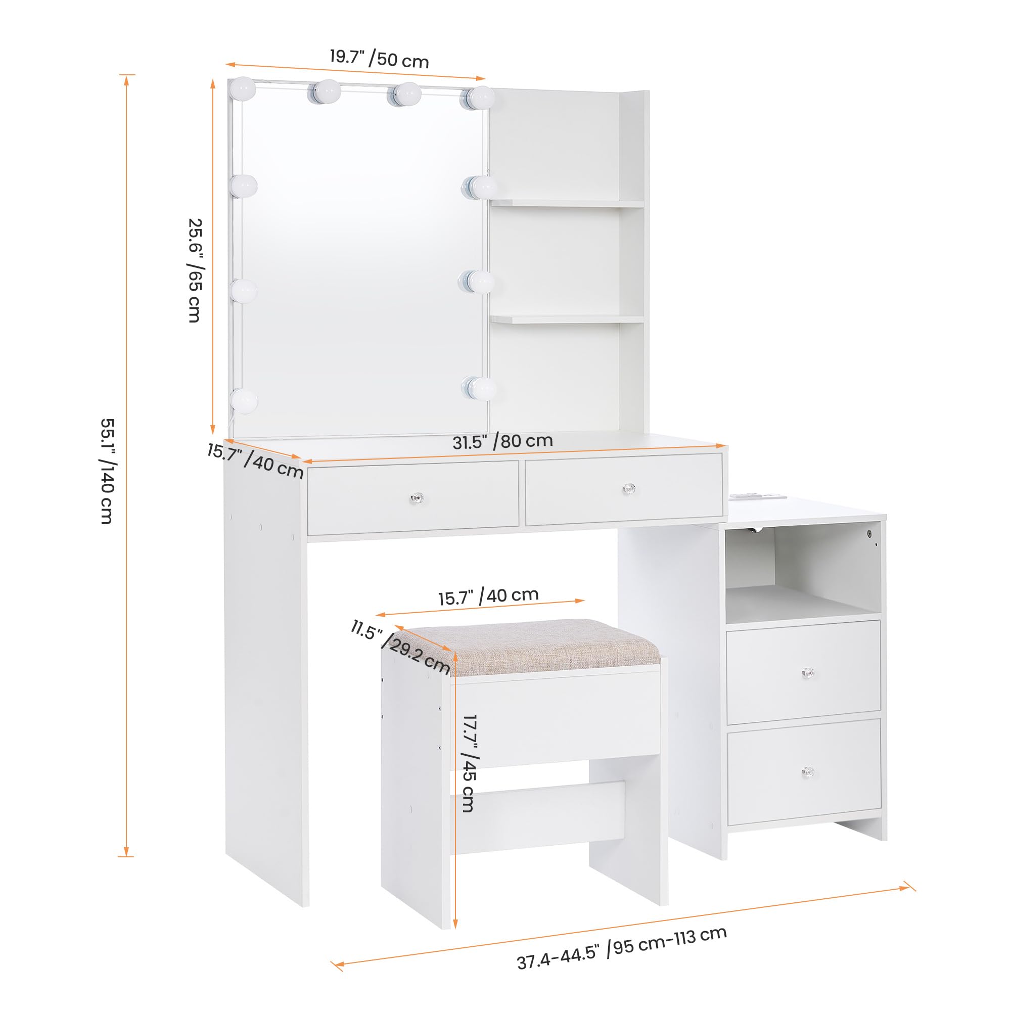 ANWBROAD White Makeup Vanity Desk with LED Lights & Mirror - 10 LED Bulbs, Charging Station, Drawers, Storage Shelves & Stool - Dressing Table for Women & Girls - Perfect for Bedroom, Dorm Room & Beauty Salon (Model: UBDT13W)