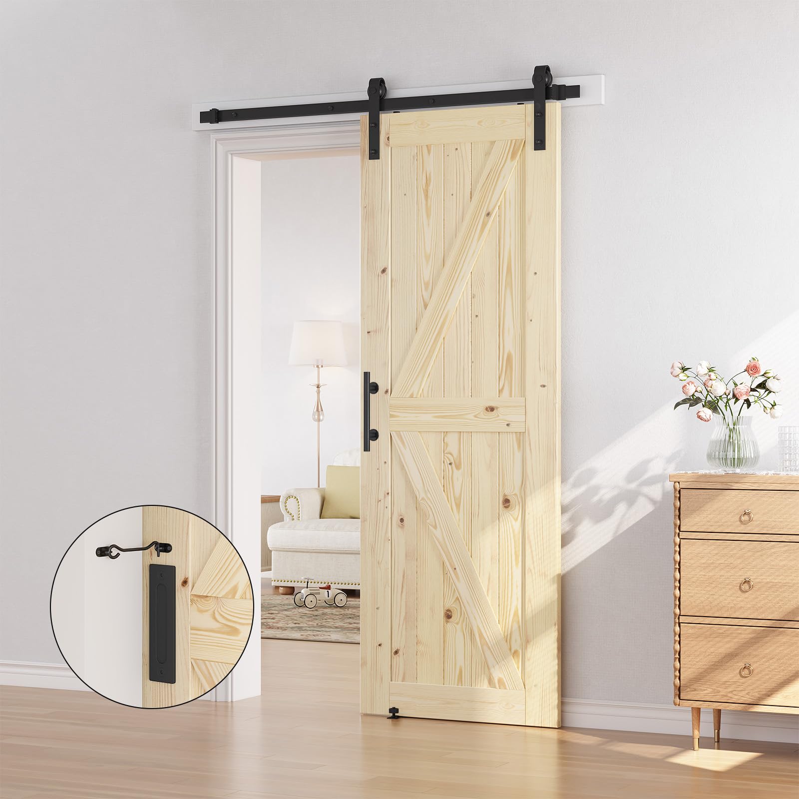 SMARTSTANDARD 30x84 Inch Solid Spruce Wood Sliding Barn Door with 5ft Hardware Kit - Unfinished, DIY, Stainable for Bedroom, Closet & Farmhouse Style Decor