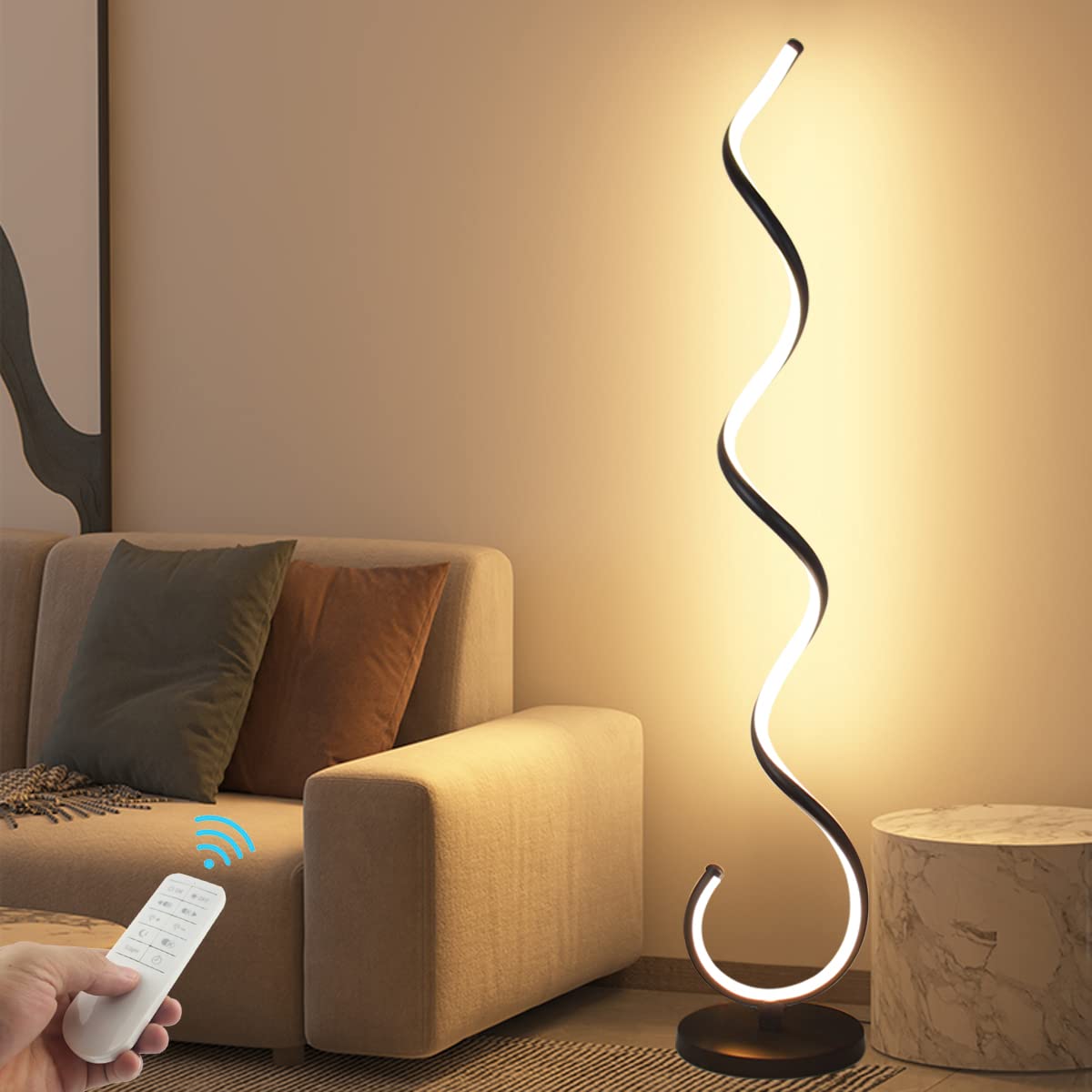 LENIVER Modern Spiral LED Floor Lamp with Remote Control - Dimmable 3-Color Standing Light for Living Room, Bedroom, Office & Dining Room - Black | Perfect for Reading, Relaxing & Ambient Lighting