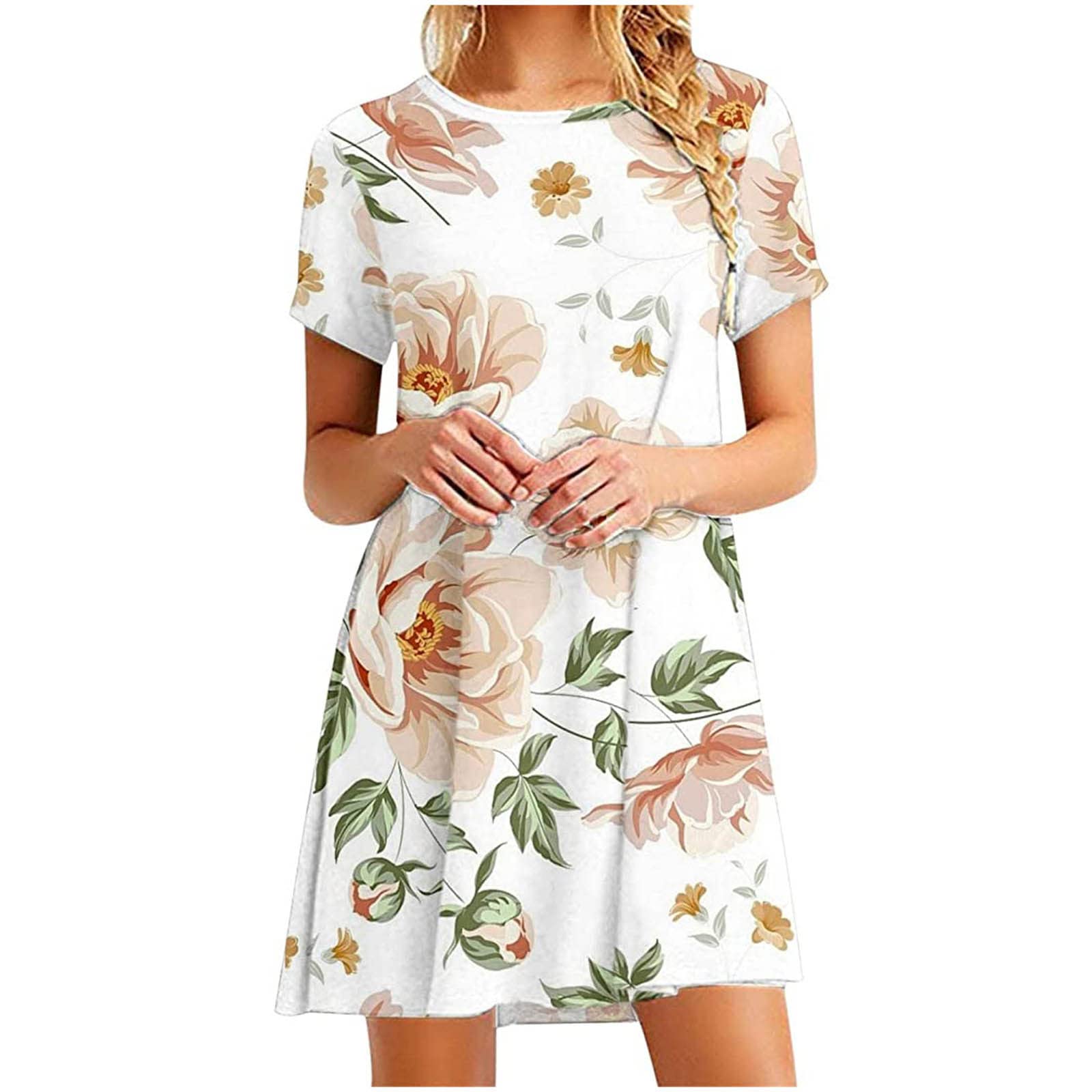 Women's Floral Short Sleeve Dress - Casual Loose Fit Mini Dress with Round Neck, Printed Straight Midi Dress for Teens | Perfect for Summer Outings, Beach Vacations & Daily Wear