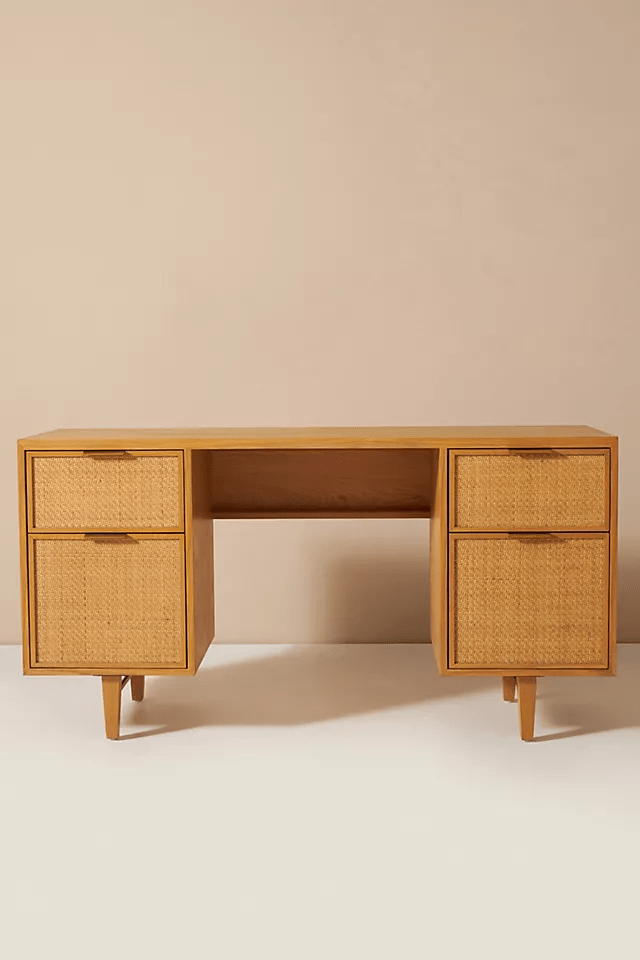 Handmade Cane Desk Table - Natural Rattan Laptop Desk | Indian Boho Home Office Furniture for Small Spaces & Cozy Workstations
