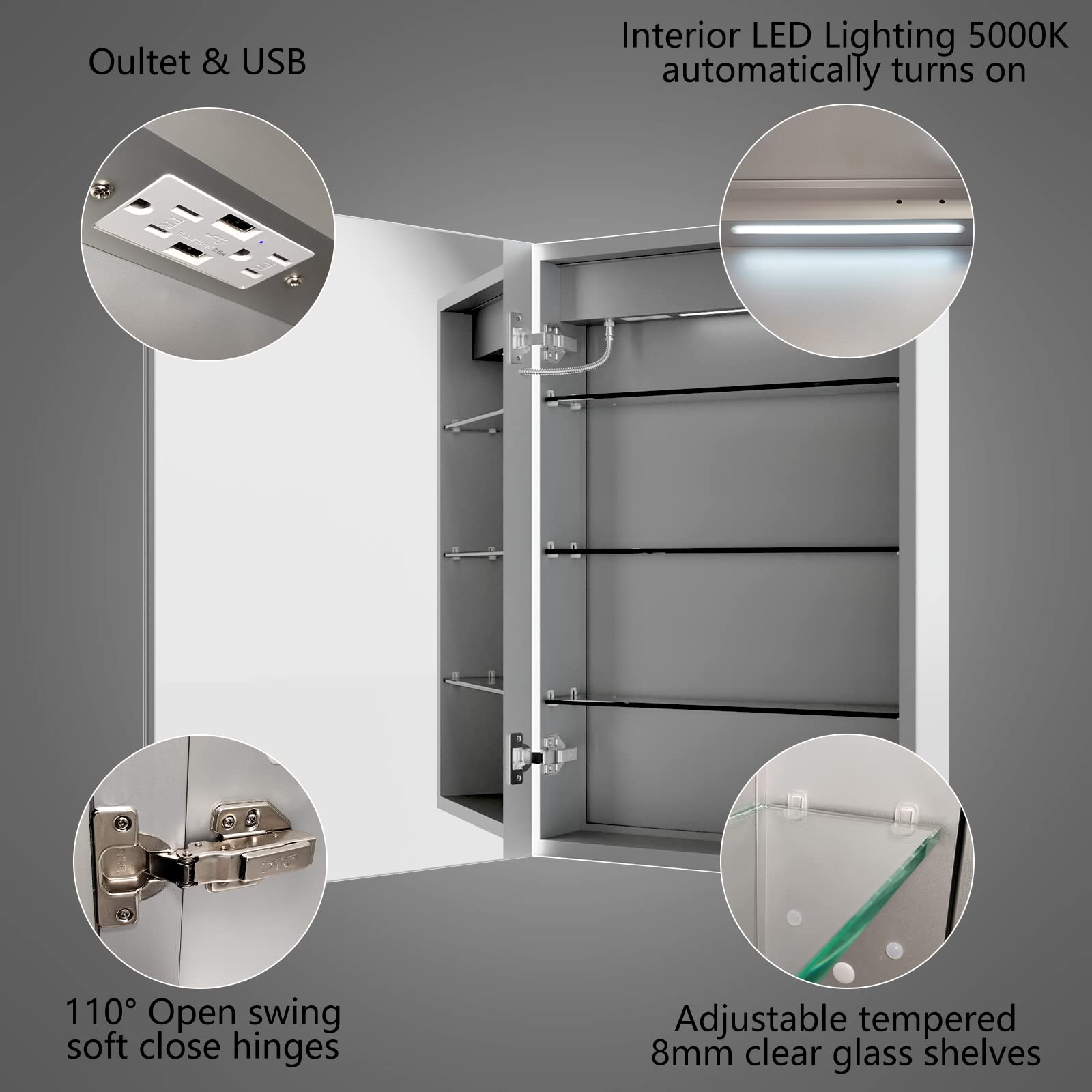 ExBrite 20x30 Inch LED Medicine Cabinet with Clock & Temperature Display - Recessed or Surface Mount, Anti-Fog Mirror, 3-Color Dimmable Lighting (Left Hinge) - Perfect for Bathroom, Bedroom, and Vanity Organization