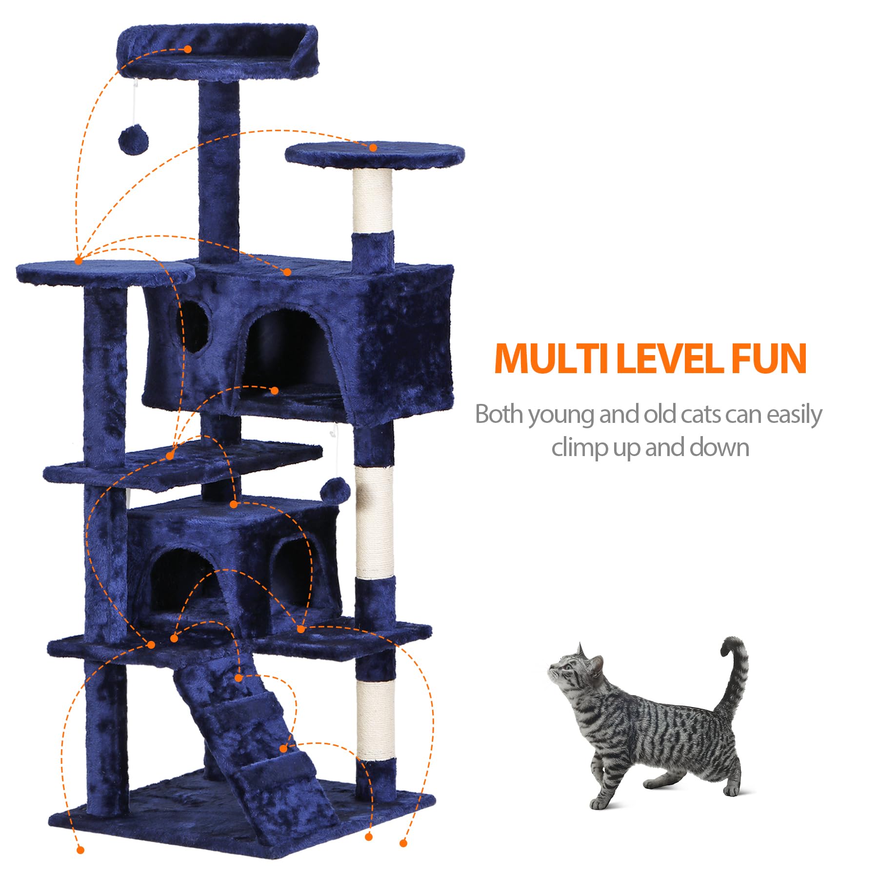 54-Inch Multi-Level Cat Tree with Scratching Posts - Large Kitten Condo Tower, Play House & Climbing Furniture for Indoor Cats - Perfect for Playtime, Scratching & Napping in Living Rooms & Bedrooms