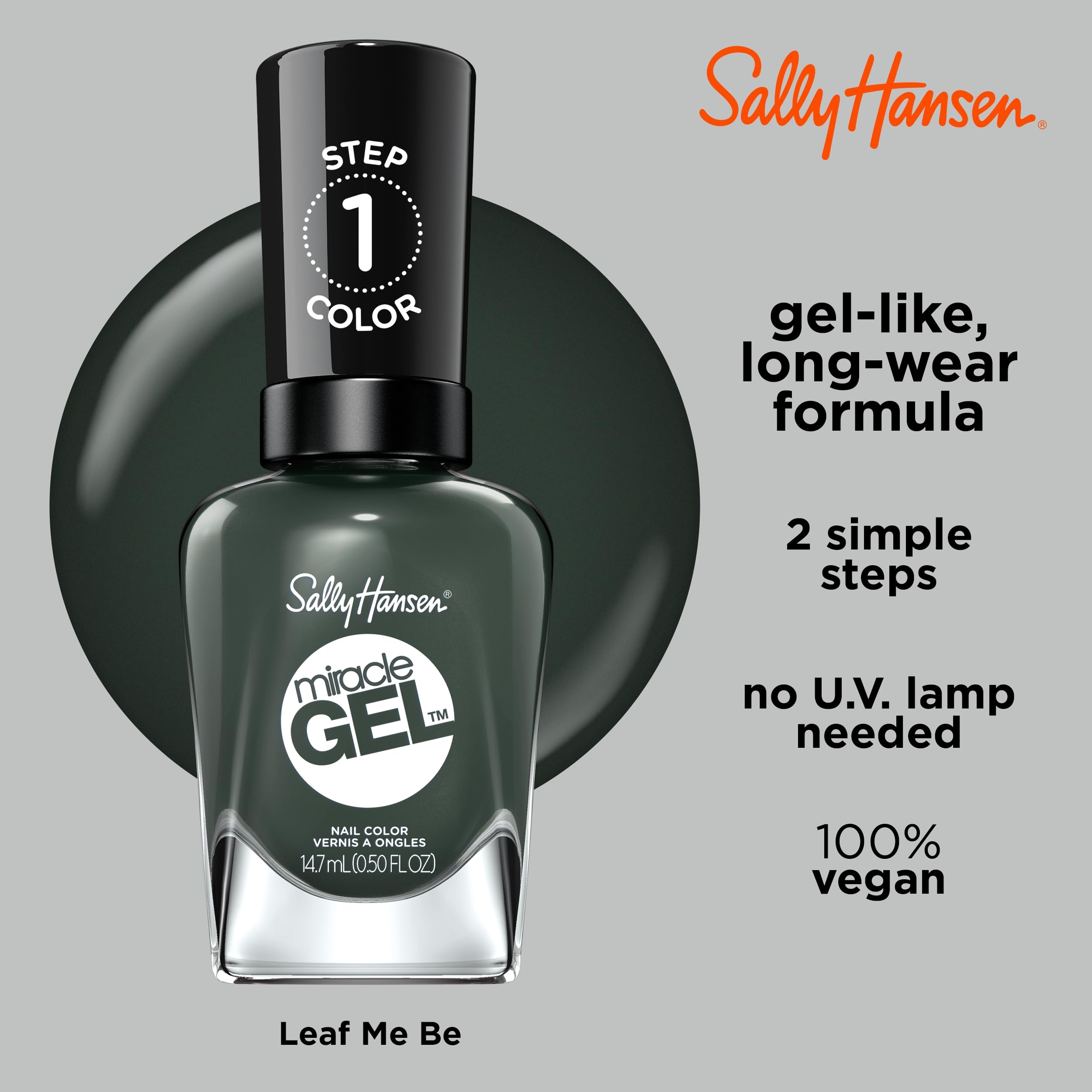 Sally Hansen Miracle Gel™ Nail Polish - Leaf Me Be Green, Long-Lasting Gel-Like Formula, No UV Lamp Needed, Vegan & Cruelty-Free (Perfect for Spring/Summer Nails, Manicures & Pedicures)