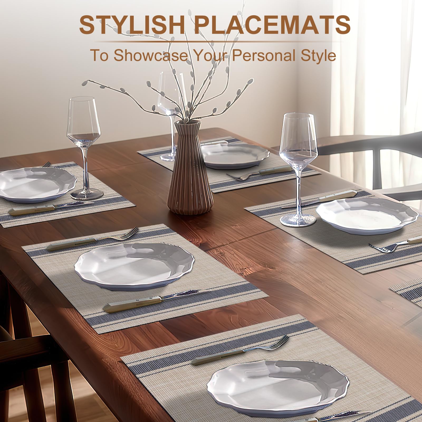 6-Piece Woven Placemats Set - Boho Style Vinyl Table Mats for Dining, Indoor & Outdoor Use - Waterproof & Durable Blue Line Design - Perfect for Kitchen, Patio, and Picnic Settings