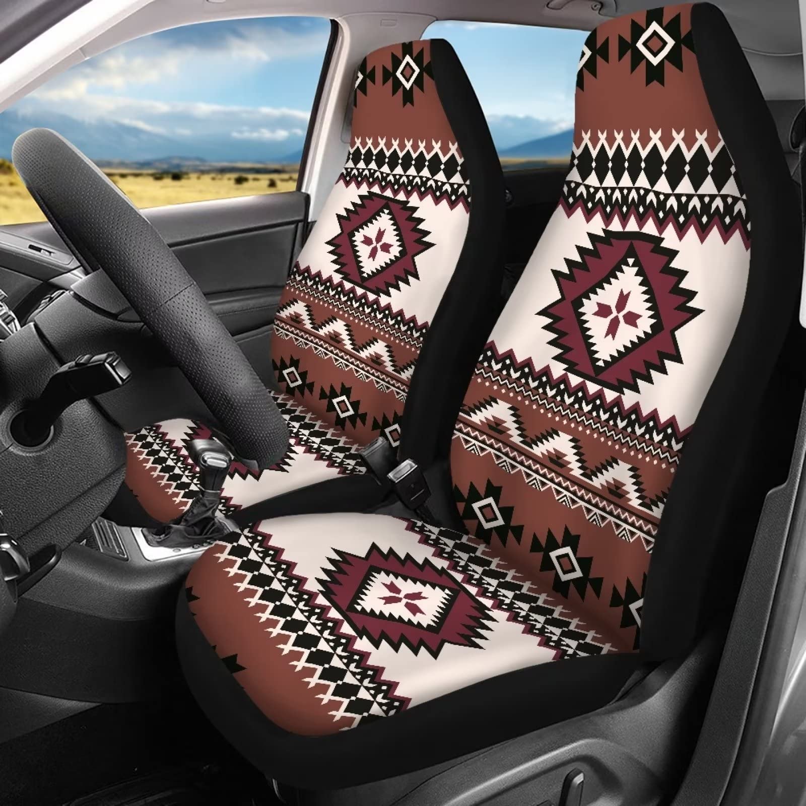 **Waterproof Aztec Seat Covers for Trucks & Cars - 13-Piece Set with Steering Wheel Cover, Seat Belt Covers, Coasters & Keychains | Boho Chic Car Accessories for Women | Perfect for Road Trips & Daily Commutes**