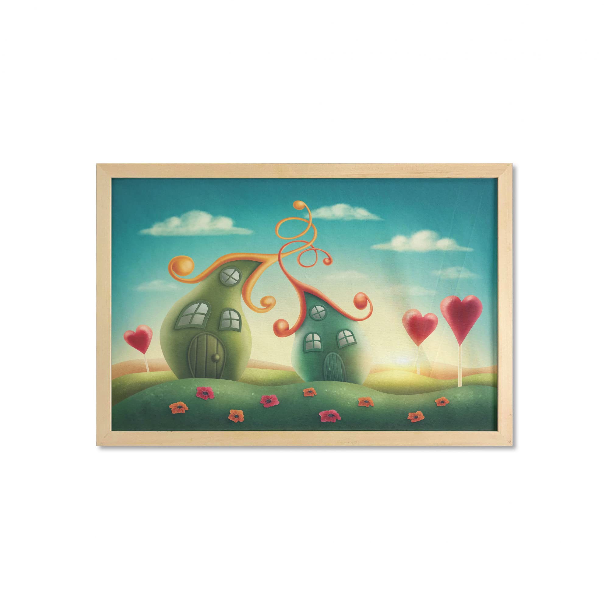 Ambesonne Feminine Wall Art with Frame - Fantasy Meadow Houses & Heart Shaped Trees Dreamy Countryside Print - 35