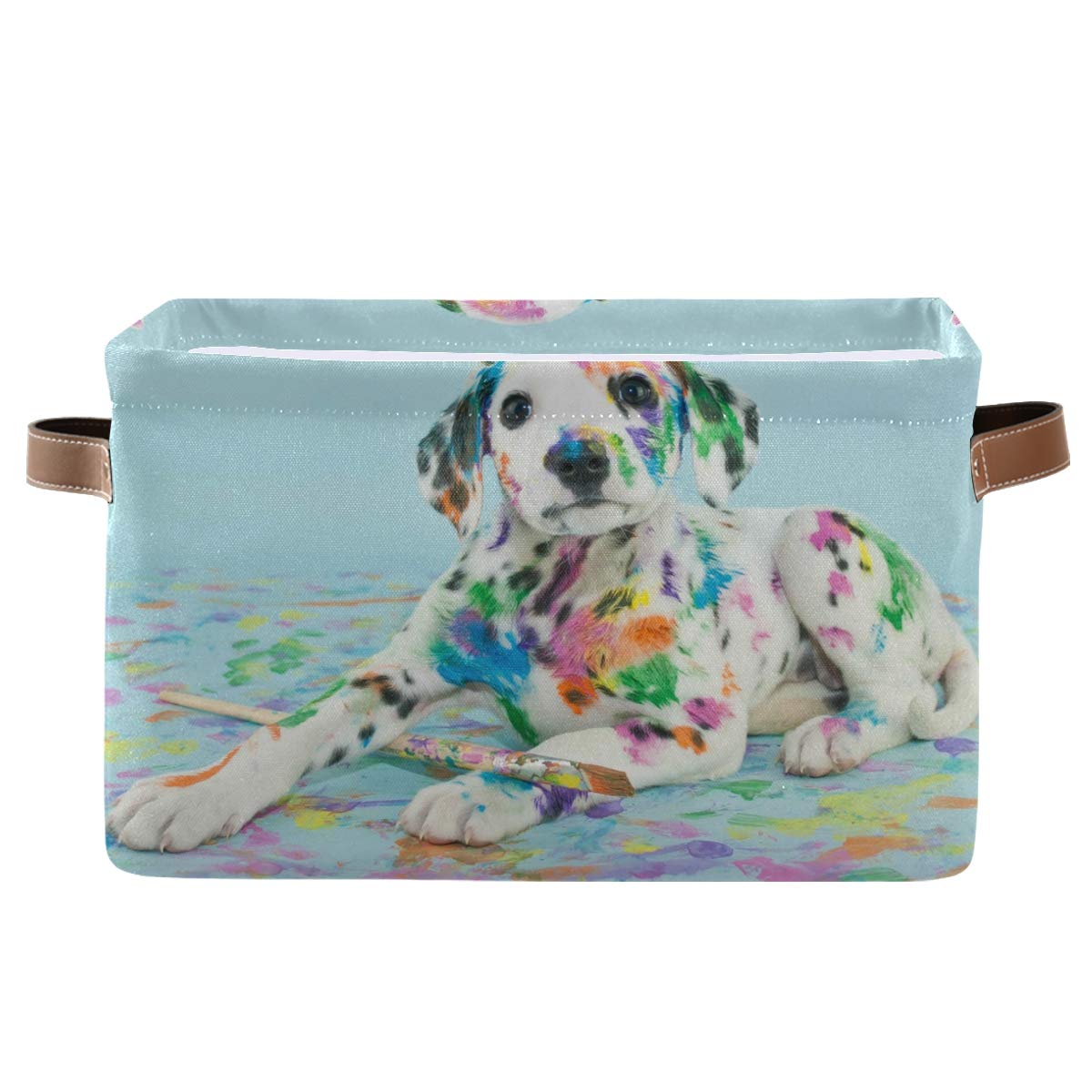 QMXO Collapsible Canvas Storage Basket with PU Leather Handles - Watercolor Dalmatian Puppy Design for Toys, Clothes & Home Organization | Perfect for Wardrobe, Closet & Shelf Organizer