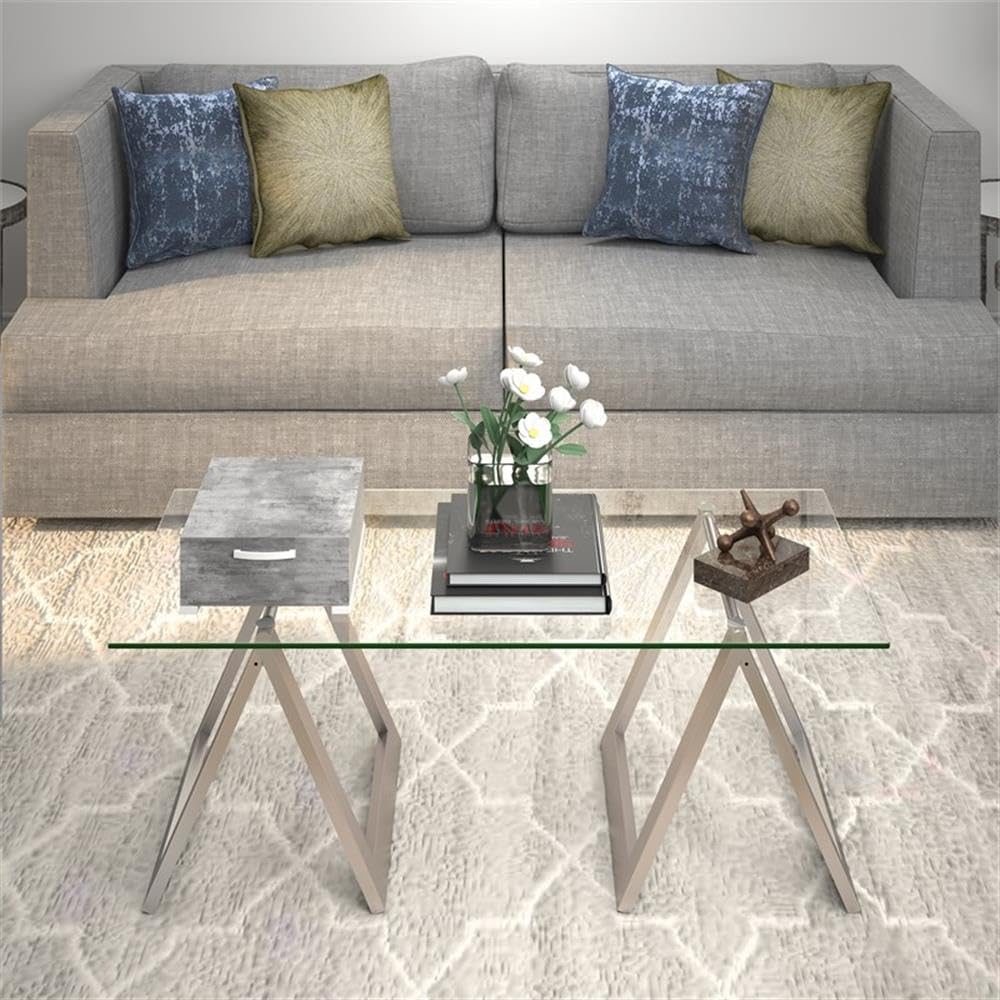 Pemberly Row Metal Nickel Gray Sawhorse Leg Coffee Table - Industrial Style Living Room Furniture for Home Decor
