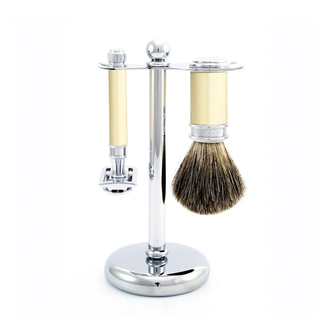 Edwin Jagger 3-Piece Ivory & Chrome Shaving Set for Men - Luxury Safety Razor, Shaving Brush & Stand - Perfect Gift for Wet Shaving Enthusiasts - Ideal for Home Grooming & Travel Essentials