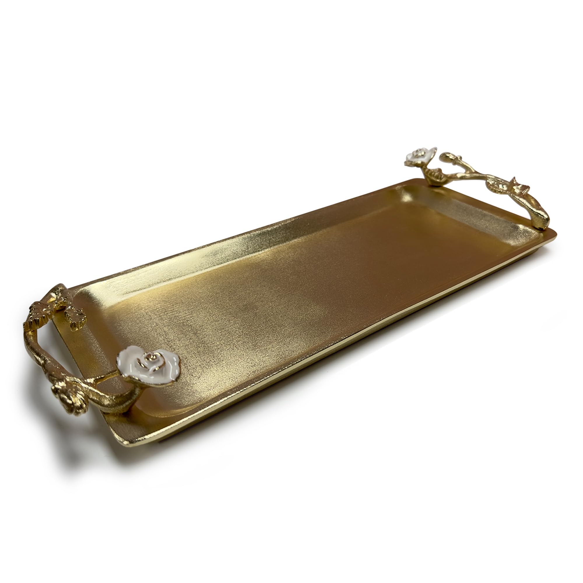 Decozen Elegant Aluminium & Brass Bathroom Tray Organizer - Vanity Tray for Towels, Lotions, Cosmetics | Countertop Decor for Bathroom, Bedroom & Kitchen | The Enamelled Rose Collection - Perfect for Spa Days & Home Organization