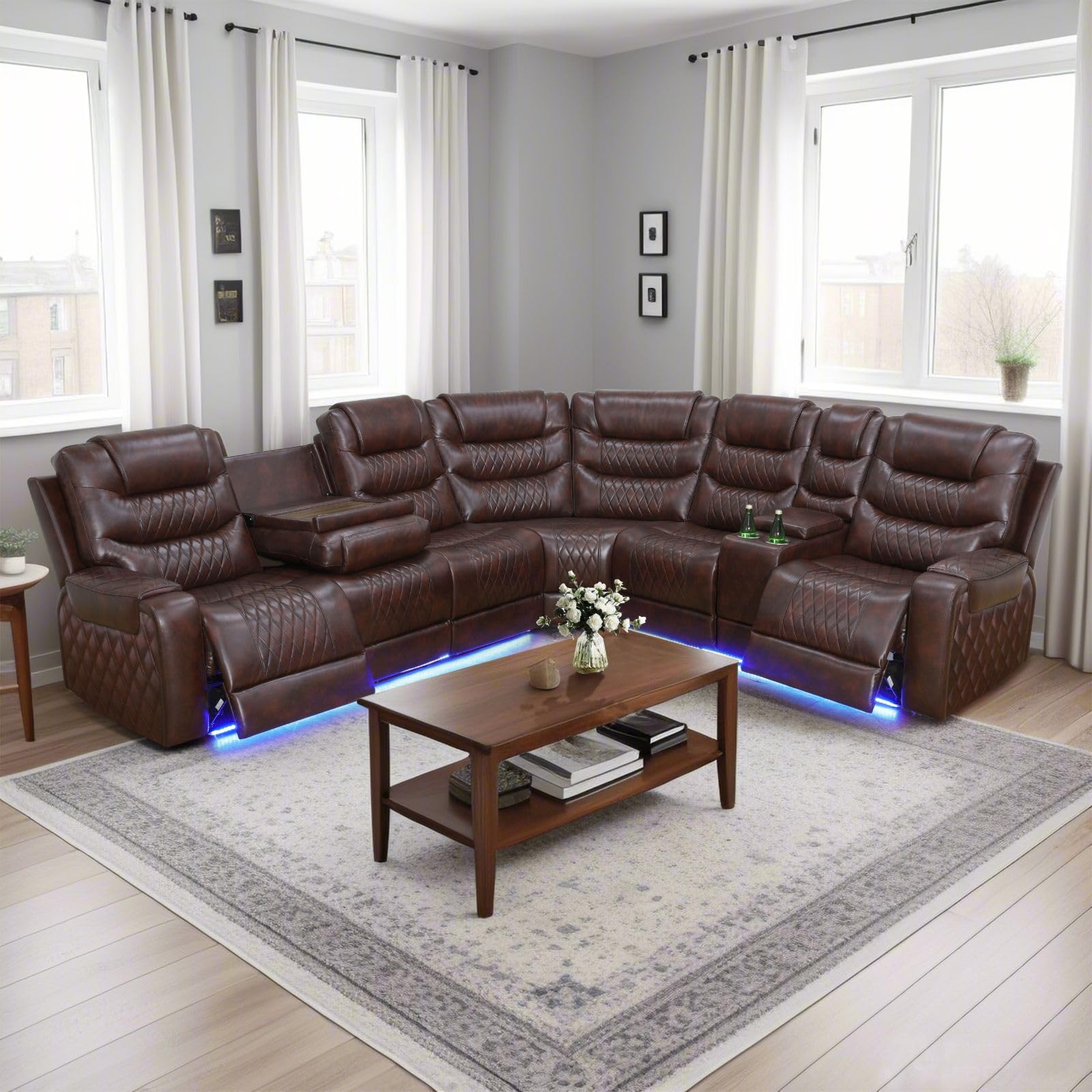 Power Reclining Sectional Sofa with USB Chargers & Storage Console - Genuine Leather Recliner Sofa Set for Living Room, Apartment, Office & Home Theater - Comfortable Modern Furniture (Brown) | Perfect for Family Movie Nights, Guest Entertaining & Relaxing After Work