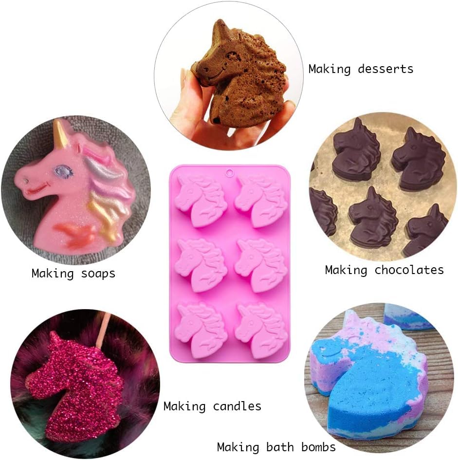 6-Cavity Unicorn Soap Molds & Bath Bomb Molds - Silicone Unicorn Head Cupcake Mold for Baking, Candy, Resin, Jelly, Chocolate - Perfect for DIY Crafts, Kids Baking Supplies & Party Treats