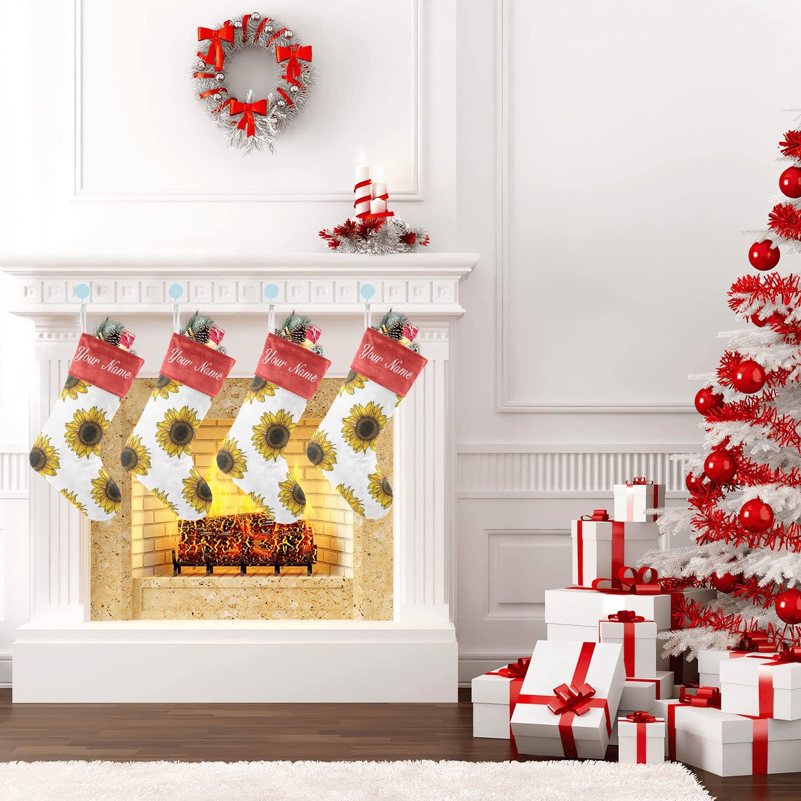 Personalized Floral Sunflower Christmas Stockings - Custom Name Holiday Socks for Family Party Decor (17.52 x 7.87 Inch) - Perfect for Fireplace Mantel, Gift Exchange & Festive Home Decoration