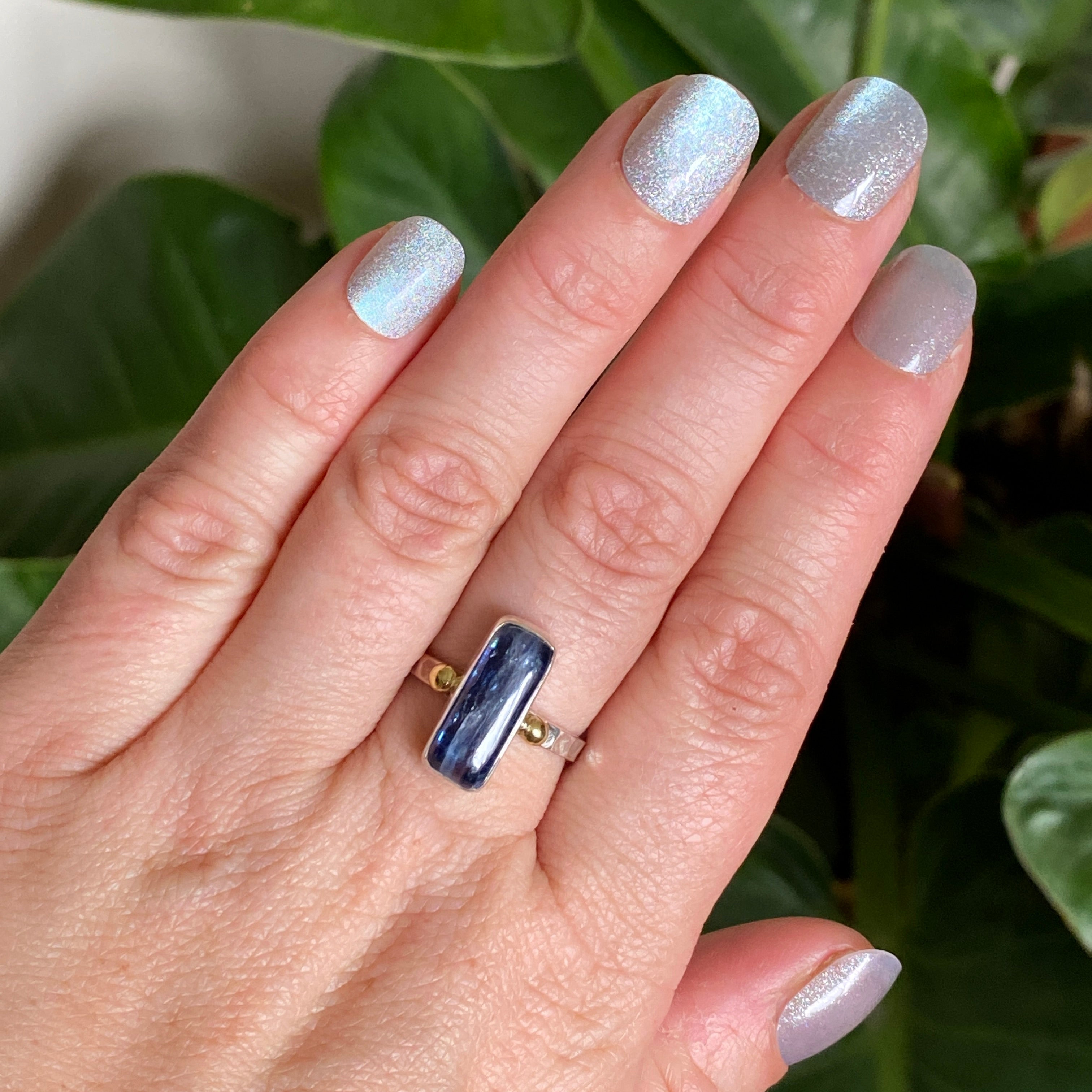 Blue Kyanite Rectangular Cabochon Ring with Brass Accents - Size 8 - Handmade Boho Jewelry for Women - Perfect for Meditation, Healing & Spiritual Practices KRGJ3279
