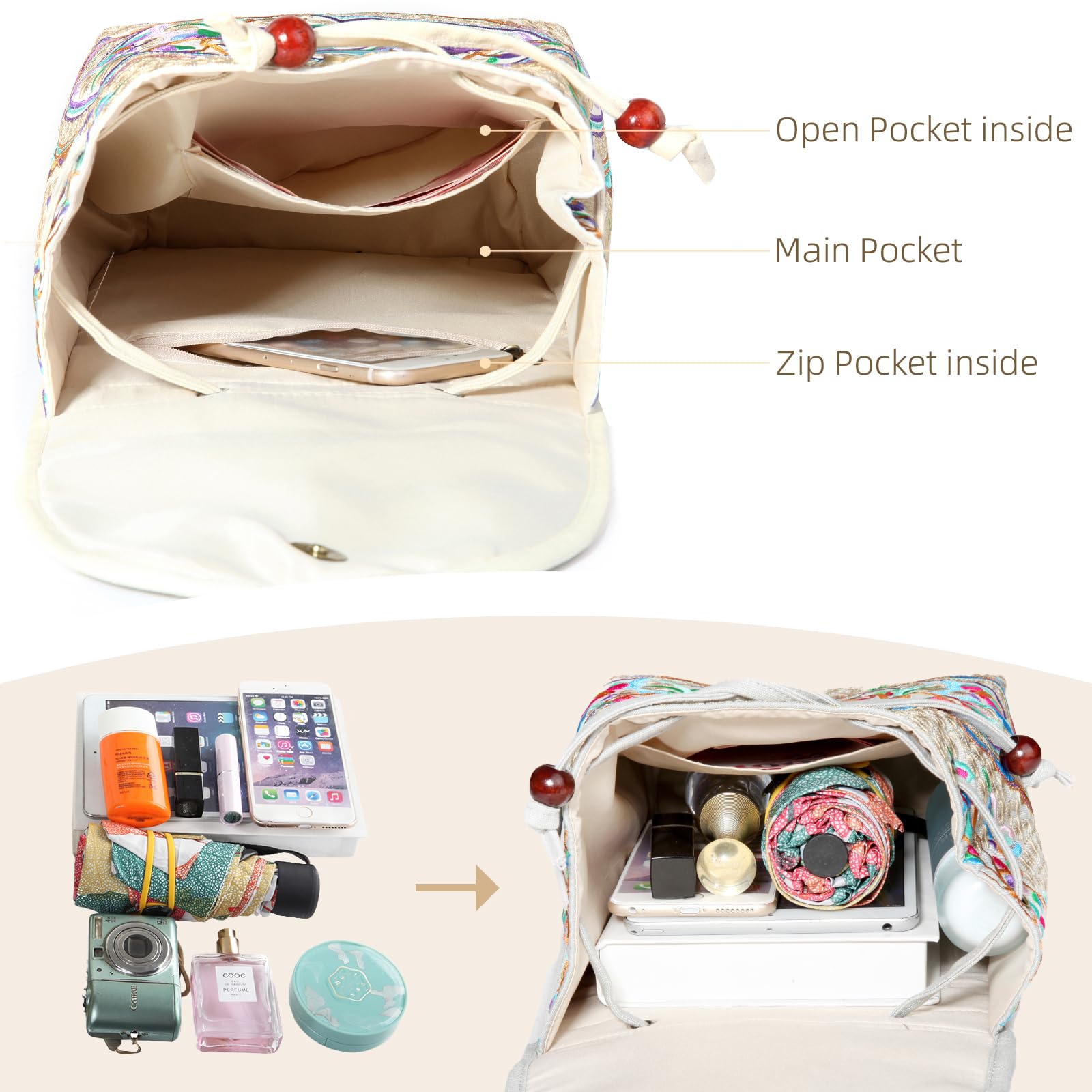 Vintage Embroidered Women's Backpack - Boho Ethnic Travel Handbag & Shoulder Bag in Beige | Perfect for Travel, Hiking, and Everyday Use