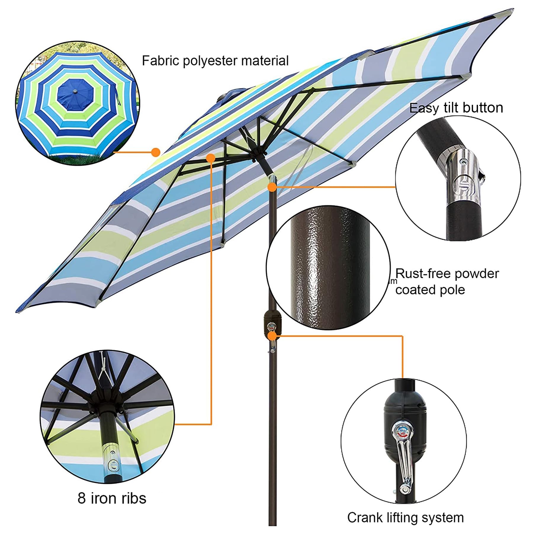 Blissun 9 Foot Outdoor Patio Umbrella with 8 Sturdy Ribs - Push Button Tilt & Crank - Perfect for Garden, Backyard, Poolside, and Outdoor Dining Areas