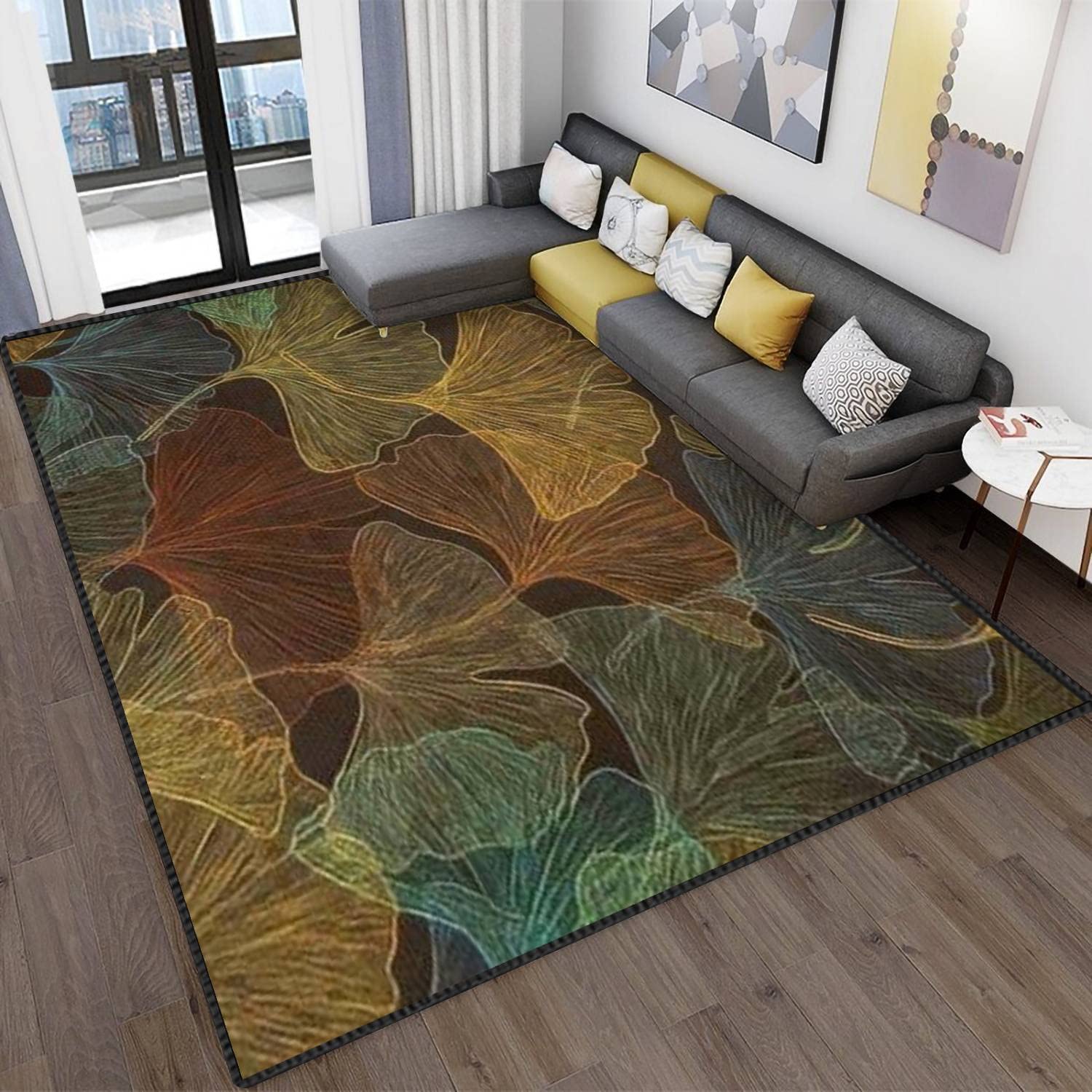 Autumn Ginkgo Leaves Abstract Non-Slip Area Rug - Modern Dark Leaves Skeleton Design Seamless Soft Floor Carpet for Living Room, Bedroom, Kids Room | Indoor/Outdoor Use | Perfect for Fall Home Decor & Cozy Spaces