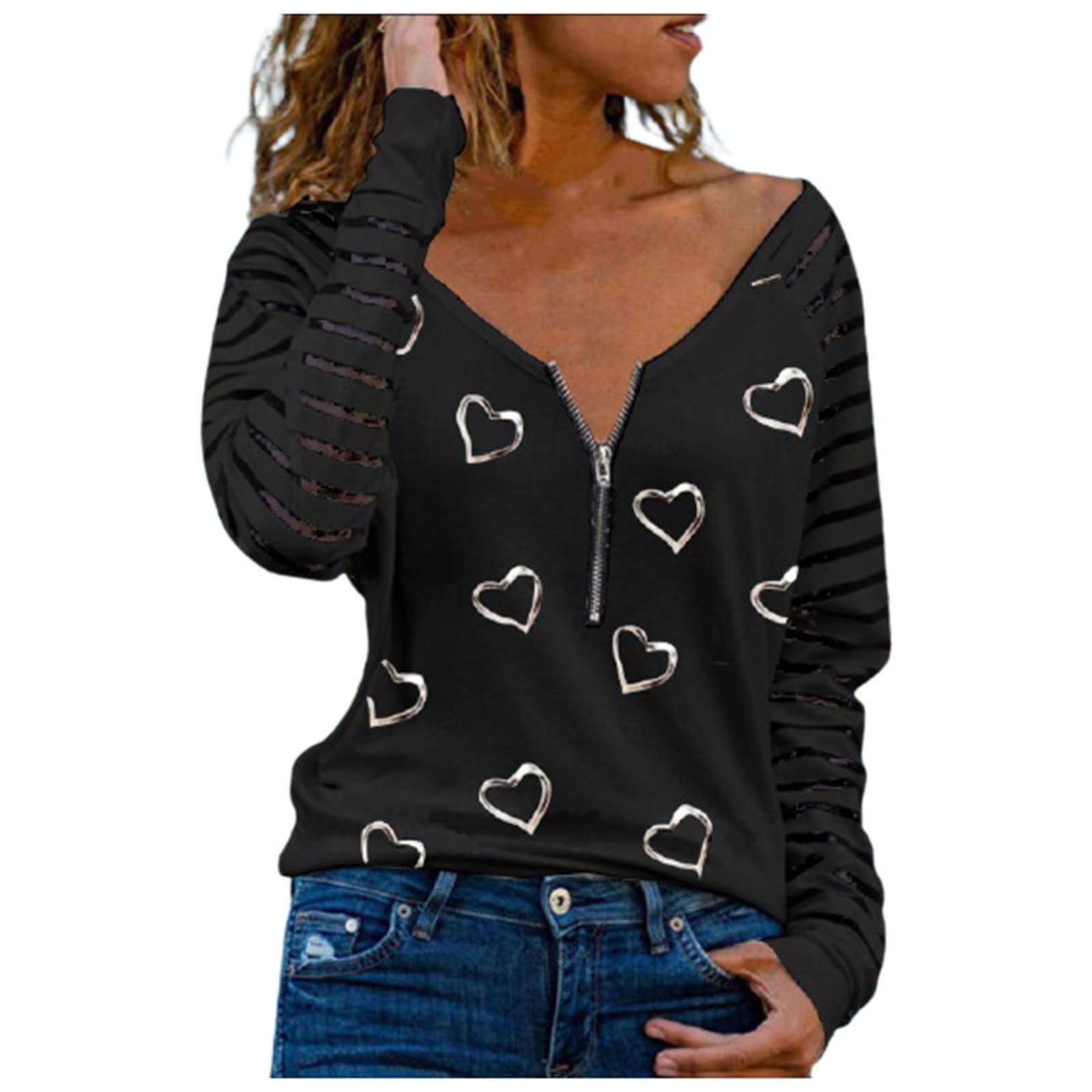 Women's Fall Casual Long Sleeve Striped Printed Blouse with Zipper Detail - Trendy Graphic Tee for Autumn Layering | Perfect for Office Wear, Weekend Outfits & Seasonal Fashion