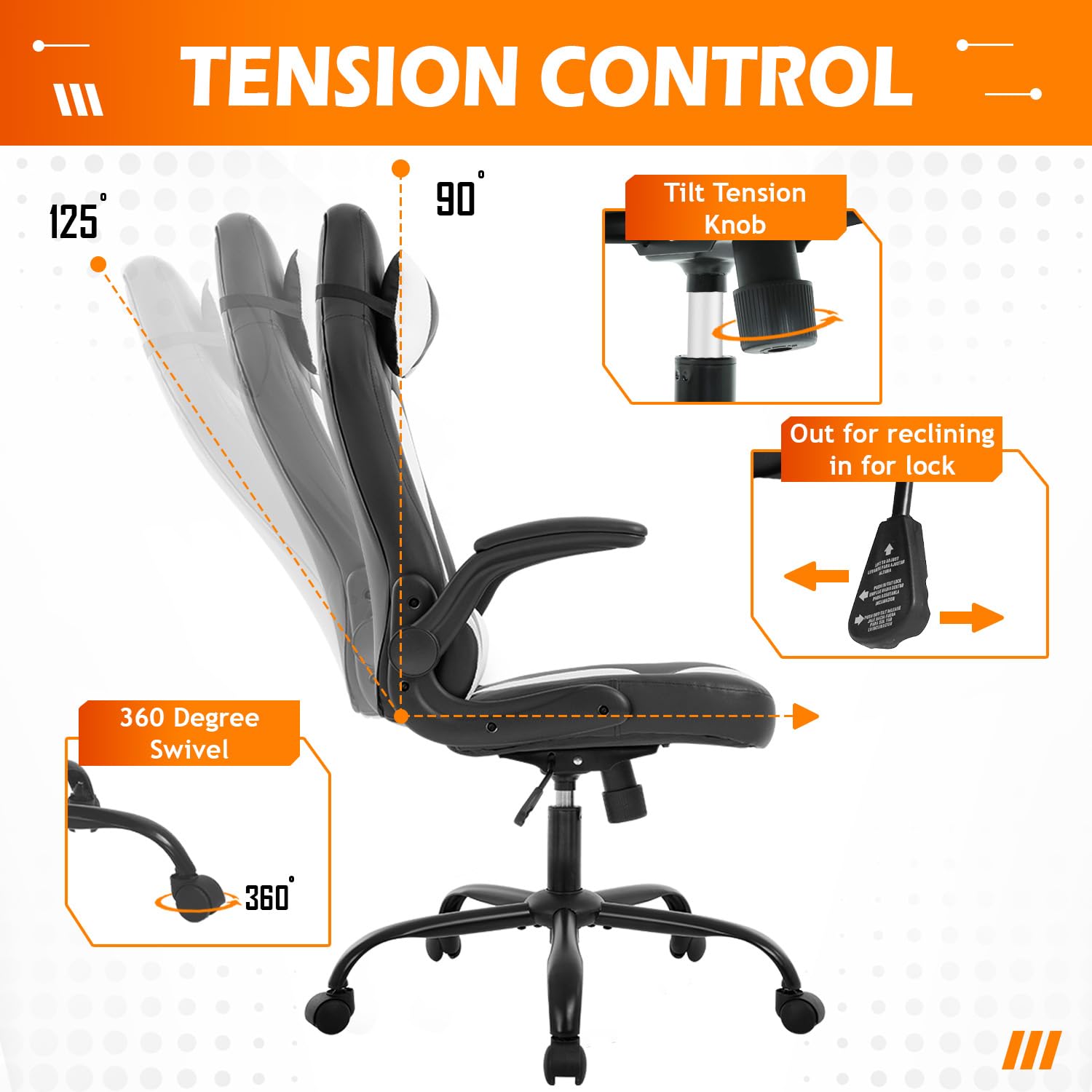Ergonomic Gaming Chair - High Back Racing Office Chair with Lumbar Support, Flip-Up Arms & Headrest - Adjustable Swivel Rolling PU Leather Computer Desk Chair for Gamers & Professionals (White) - Perfect for Esports, Streaming & Home Office Workspaces