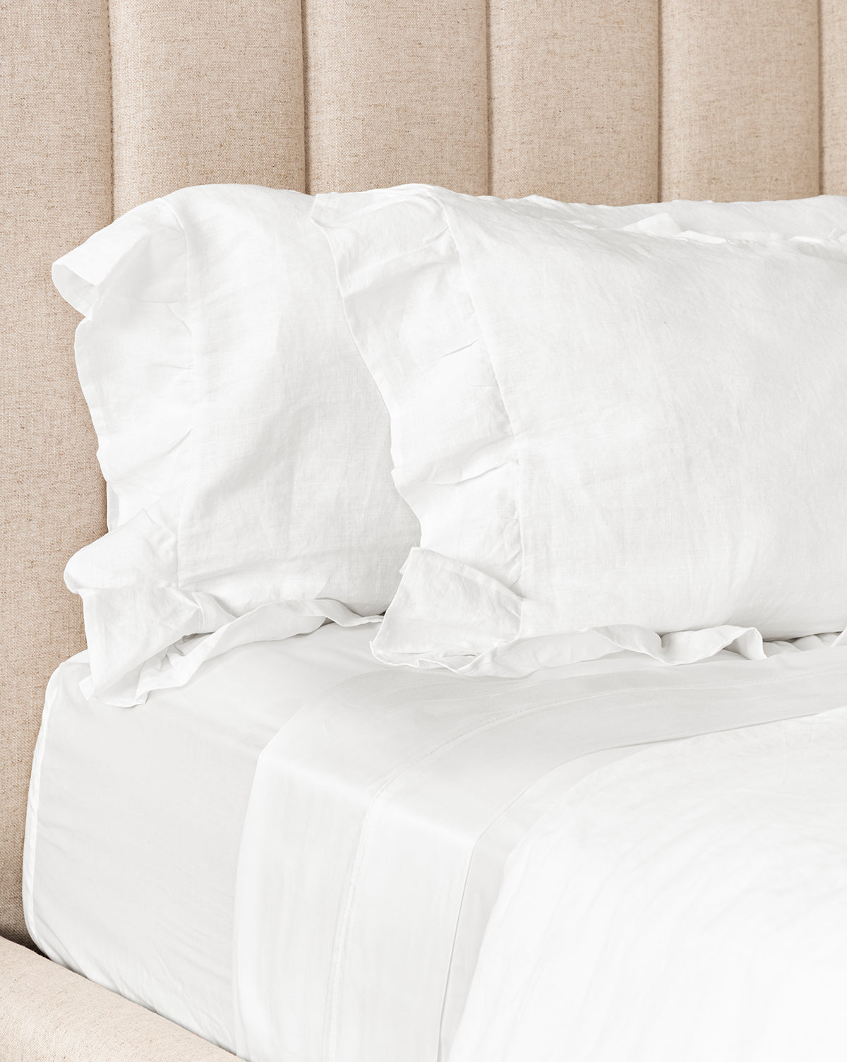 Premium Ruffle White Linen Shams Set of 2 - 100% Natural Bedding Pillowcases for Queen & King Size - Perfect for Farmhouse, Coastal & Boho Chic Bedroom Decor