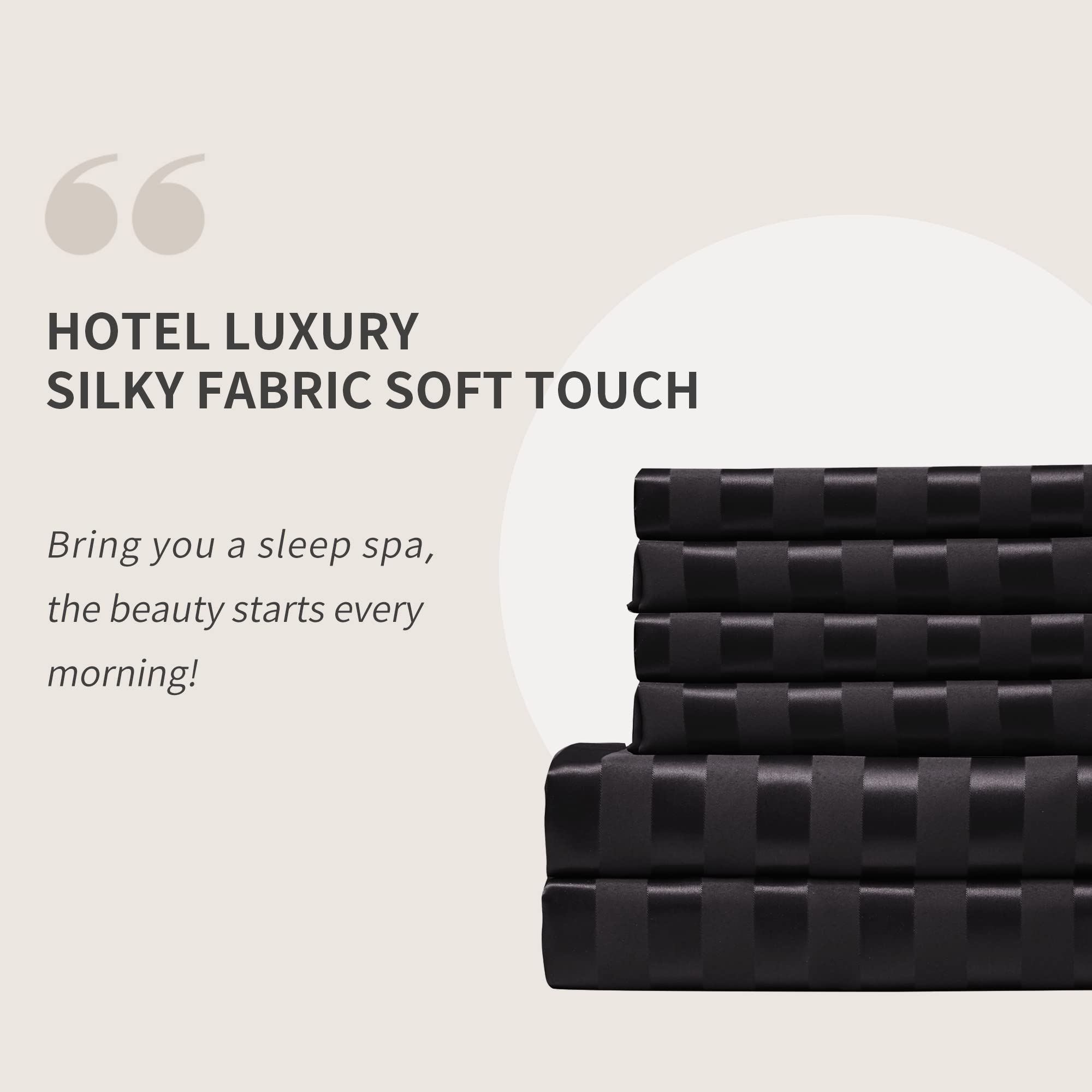 Candoury 6-Piece Queen Size Satin Bedding Set - Soft Silky Pillowcases, Flat & Fitted Sheets - Hypoallergenic Stain Resistant Black Striped Bed Sheets for Luxurious Sleep & Hotel-Style Comfort