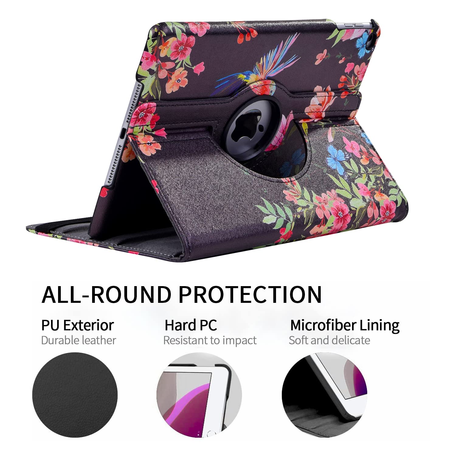 360° Rotating Protective Case for iPad 9.7 Inch (6th/5th Gen) & iPad Air 2 - Auto Sleep/Wake Stand Cover with Shock Absorption - Perfect for Work, Travel & Home Use (Black Hummingbird Design)