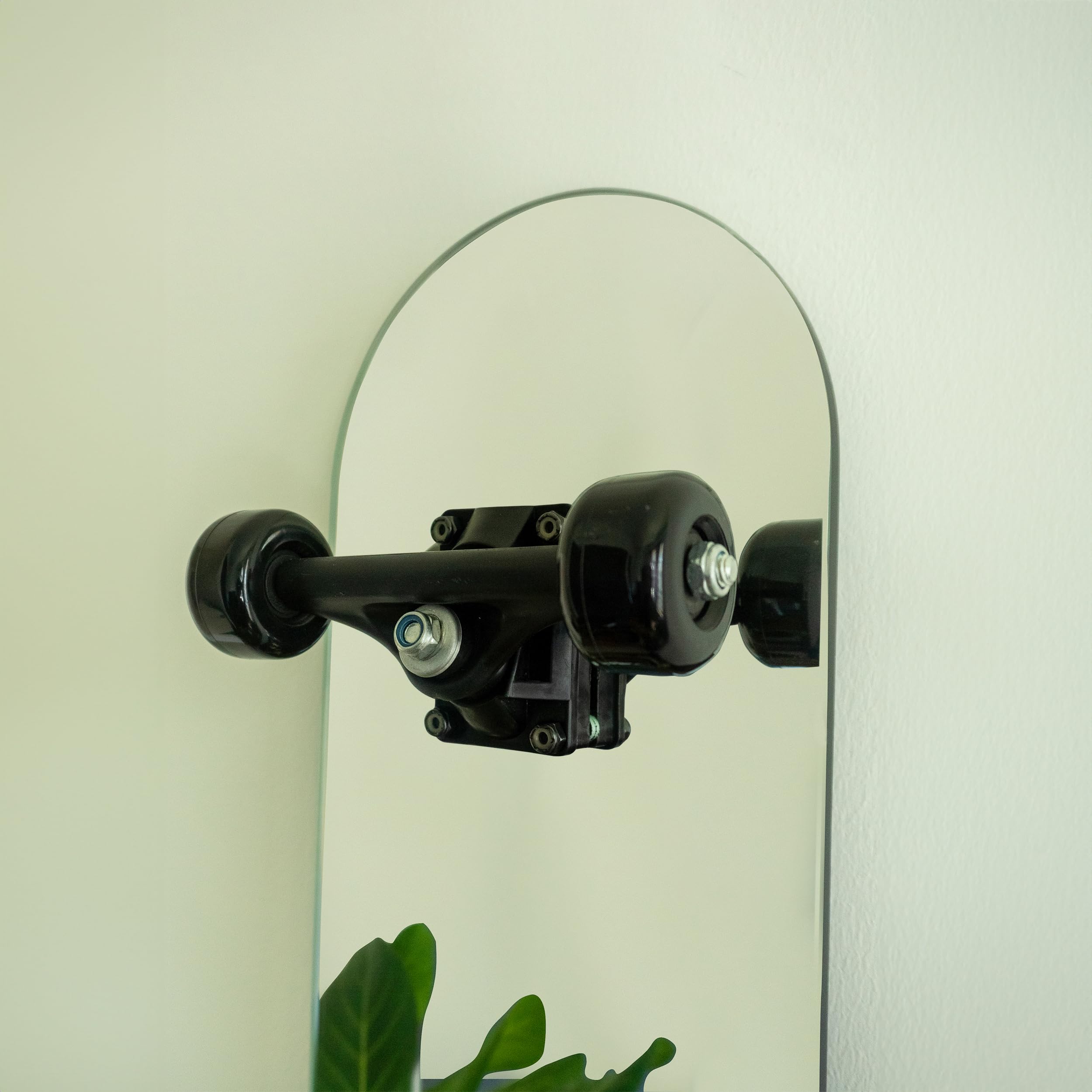 Skateboard Wall Mirror - Stainless Steel with Real Trucks & Wheels - Silver Tree Bar Design for Bedroom, Living Room & Skate Shop Decor