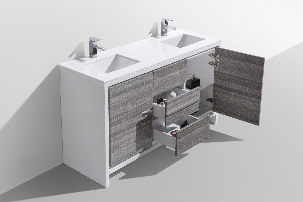 AD60 Double Sink Bathroom Vanity with High Gloss Ash Grey Finish & Quartz Countertop - Floor Standing Modern Vanity for Master Bathroom or Guest Bath Remodel