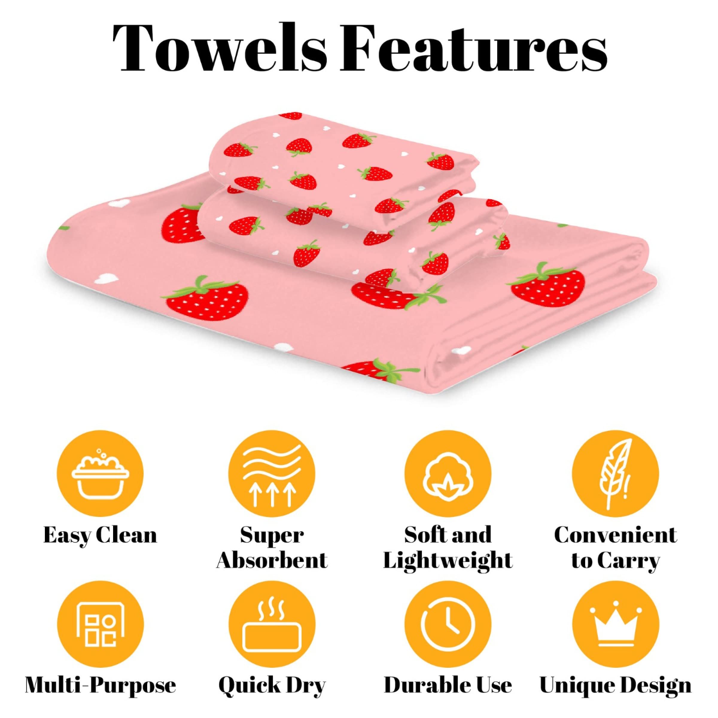 Premium Strawberry Towel Set - Soft 3-Piece Bathroom Towels (1 Bath Towel, 1 Hand Towel, 1 Washcloth) - Cute Fruit Decor for Women & Kids - Perfect for Bathroom, Beach, Gym & Gift Giving