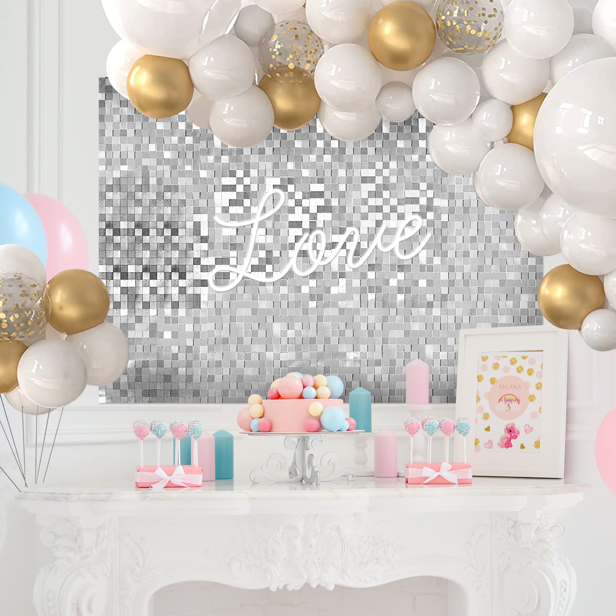 Silver Sequin Wall Backdrop - 24 Panels Shimmering Square Party Decor for Birthday, Wedding, Engagement, Anniversary & Home Decor | Perfect for Photo Booths, Stage Backgrounds & Event Displays