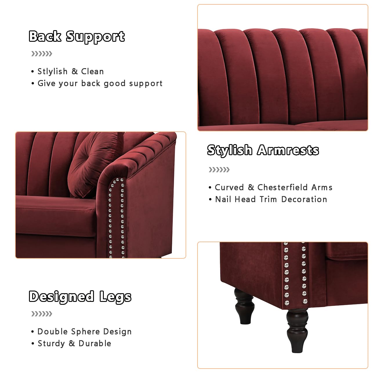 Modern 2-Piece Sectional Sofa Set - Contemporary Fabric Chesterfield Loveseat & Couch for Living Room, Bedroom, Office - Red (Perfect for Small Spaces, Family Gatherings & Home Decor)