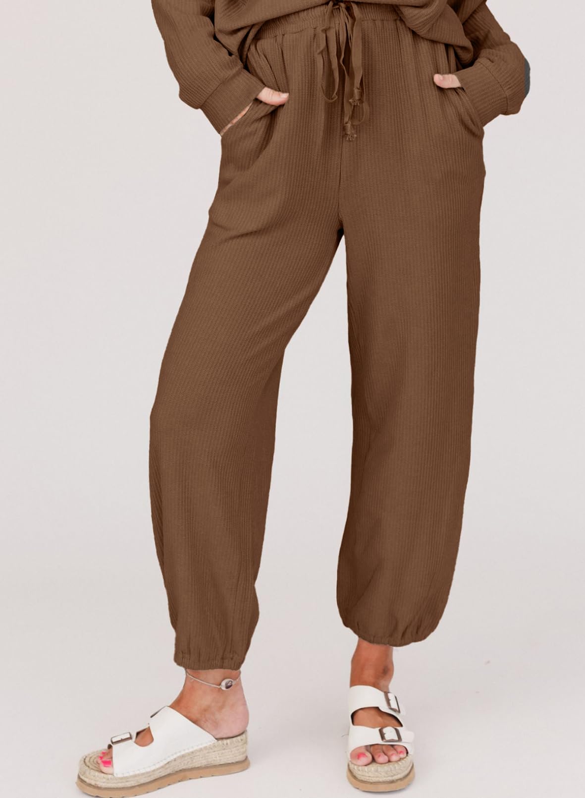SHEWIN Women's 2 Piece Waffle Knit Lounge Set - Long Sleeve Pullover & Drawstring Jogger Pants Tracksuit | Cozy Casual Outfit for Home, Yoga, Travel & Loungewear