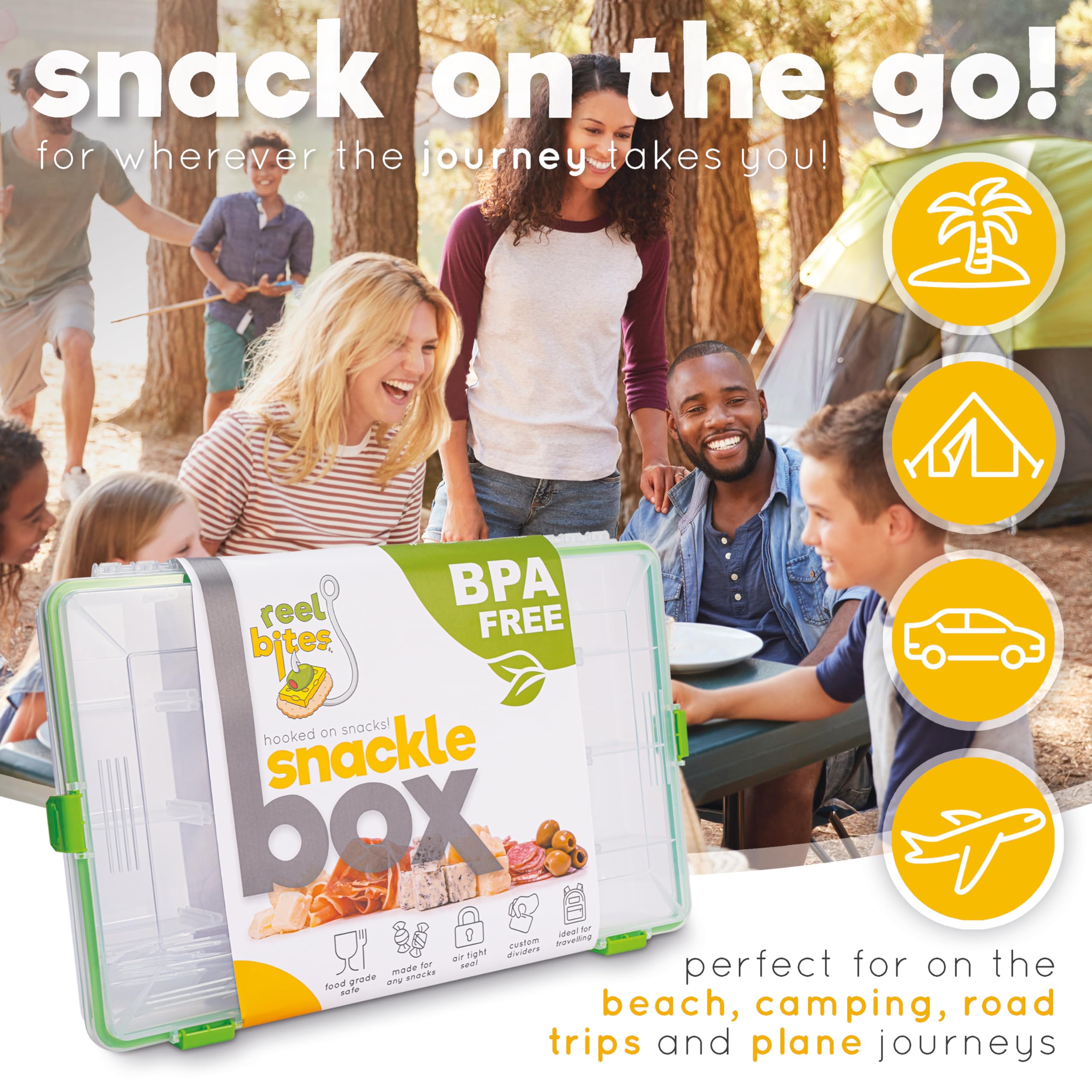 Reel Bites Snackle Box - Large Travel Snack Container with Lid | Portable Snack Tray & Charcuterie Box for Picnics, Road Trips & Parties | Durable Snack Tackle Box for On-the-Go Meals